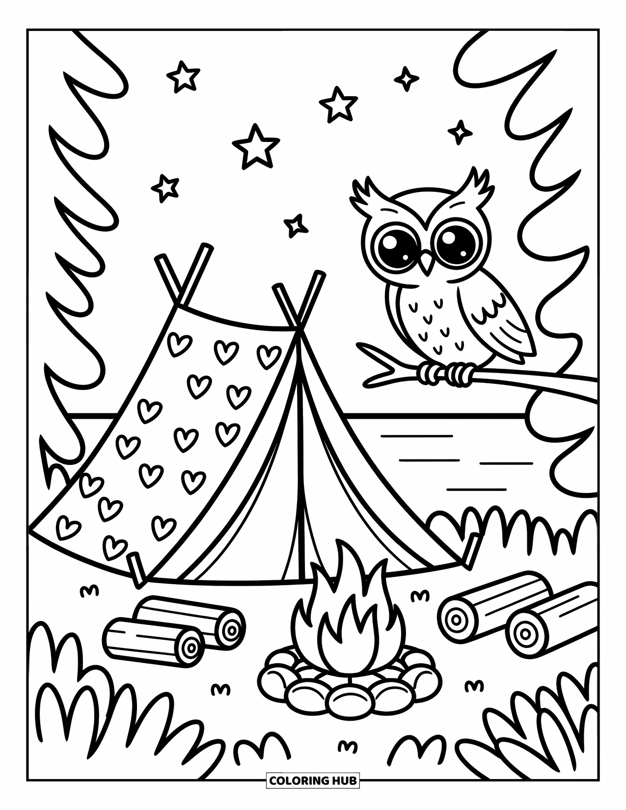 Kleurplaat Meer voor Volwassenen: Een kampeerplek aan het meer met een tent, kampvuur en fonkelende sterren