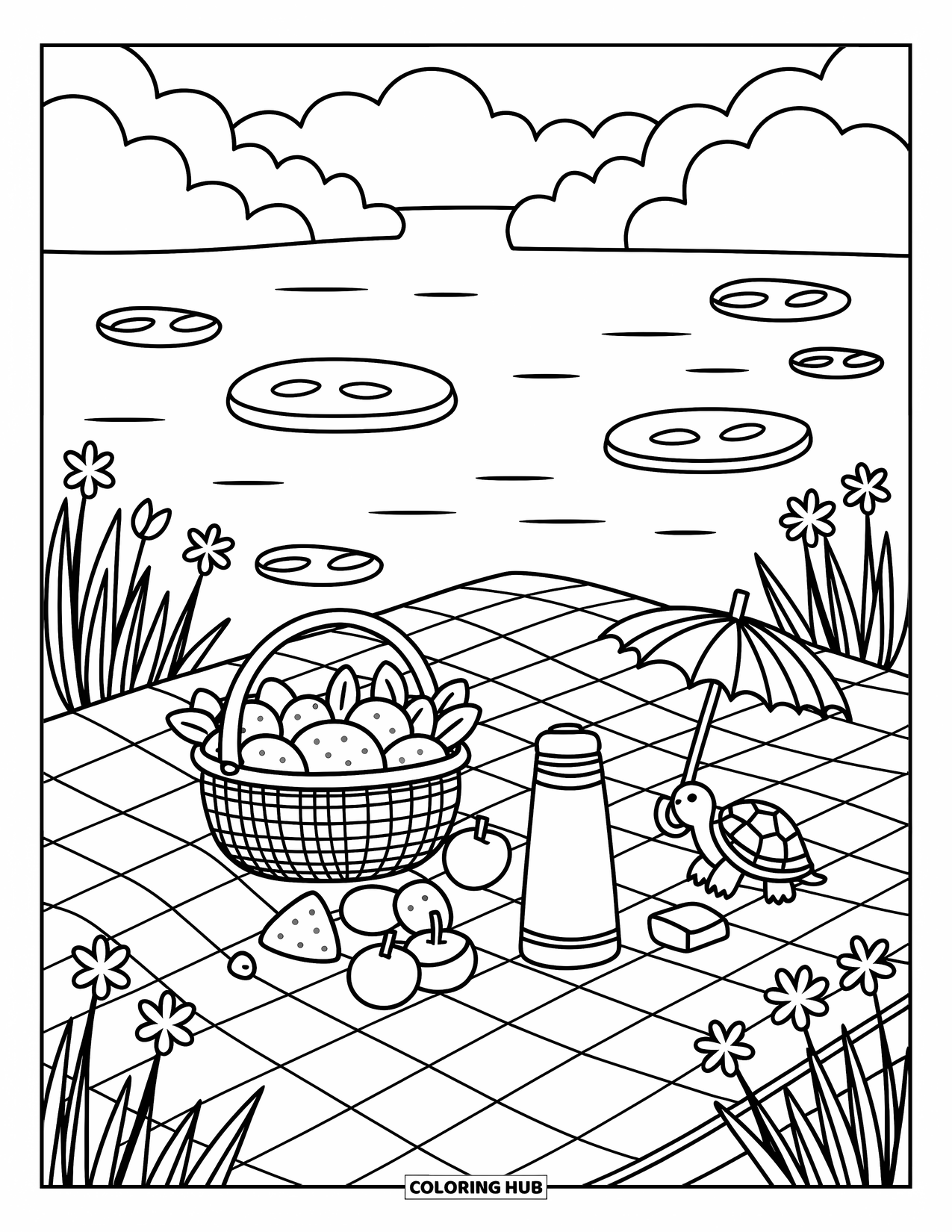 Kleurplaat Meer voor Volwassenen: Een picknick aan het meer met een deken, fruit en een schildpad die toekijkt