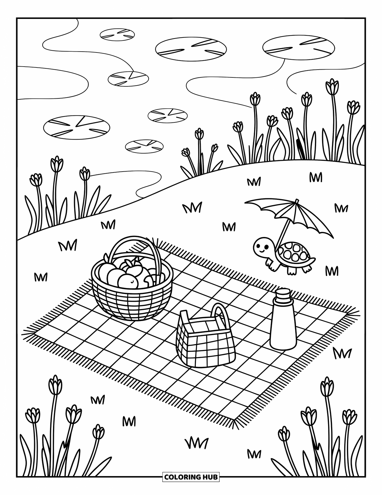 Kleurplaat Meer voor Volwassenen: Een picknick aan het meer met fruit, een thermoskan en een nieuwsgierige schildpad
