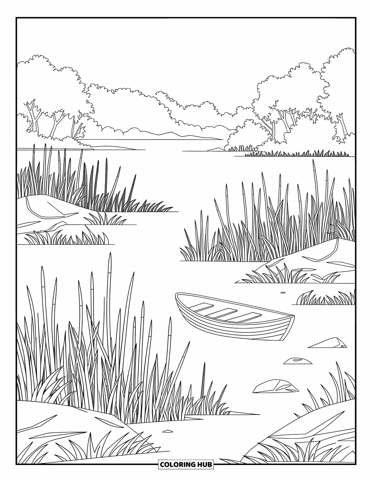 Kleurplaat Meer voor volwassenen: Een sereen meer in de schemering met riet, rotsen en een roeiboot