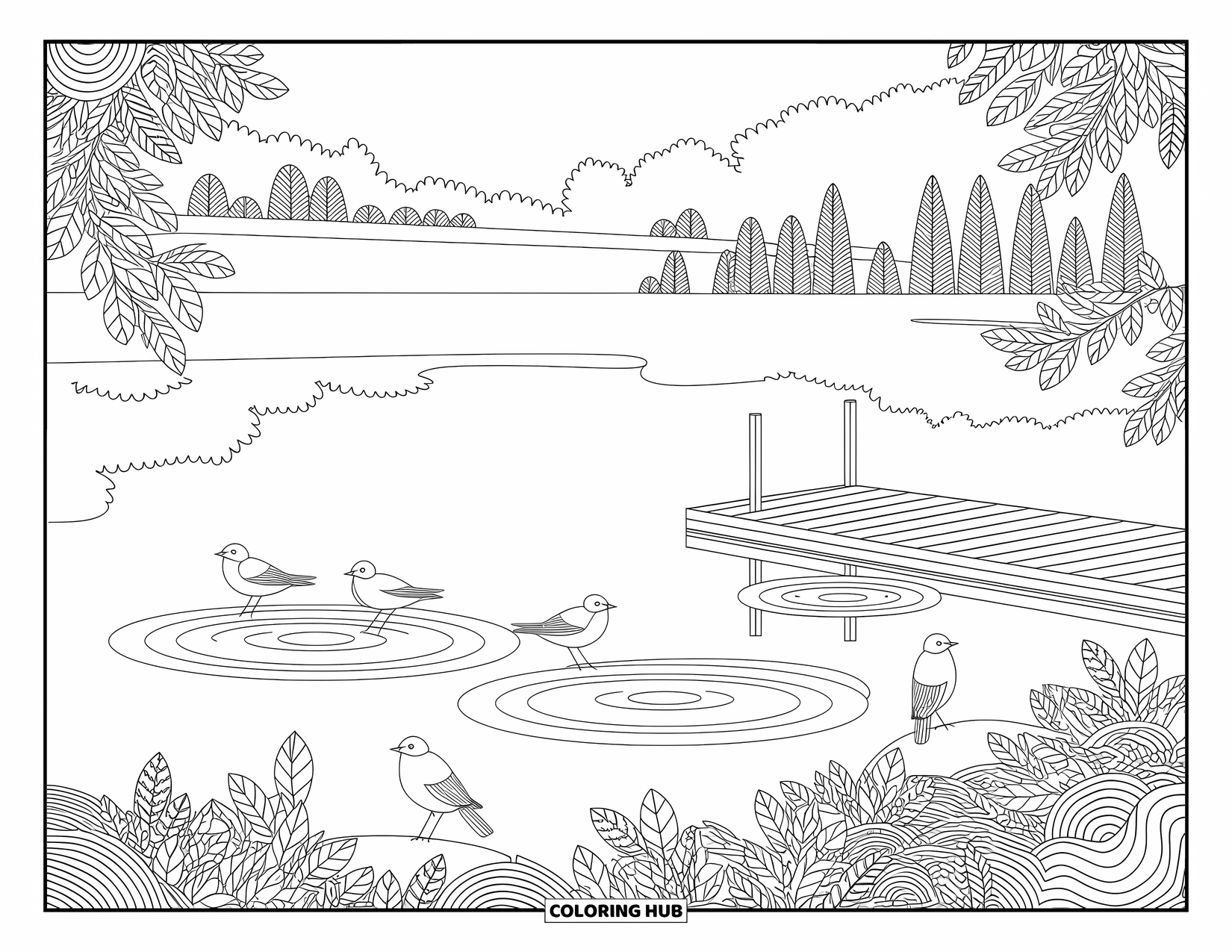 Kleurplaat Meer voor volwassenen: Een sereen uitzicht op een meer met zachte rimpelingen, een steiger en ingewikkelde patronen