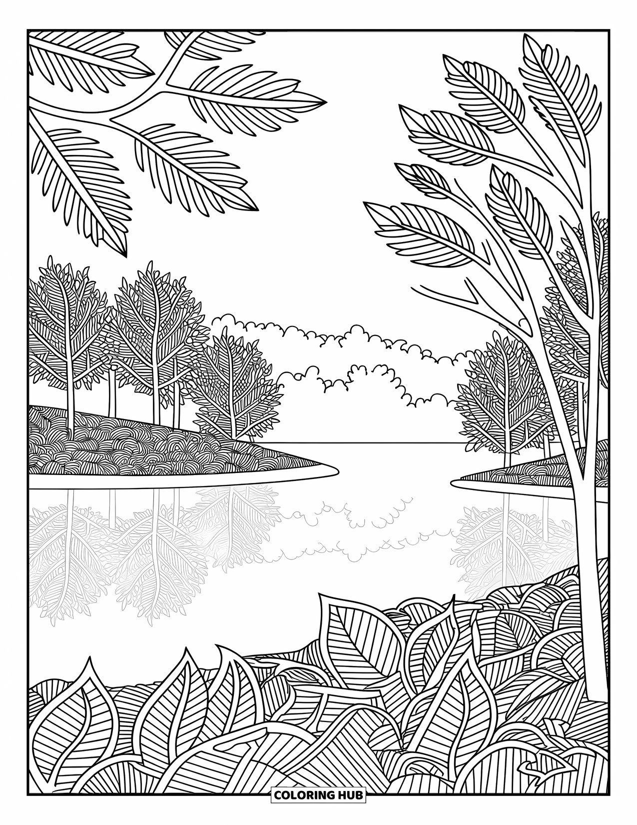 Kleurplaat Meer voor volwassenen: Een sereen meer met herfstbomen, mistige reflecties en ingewikkelde bladeren