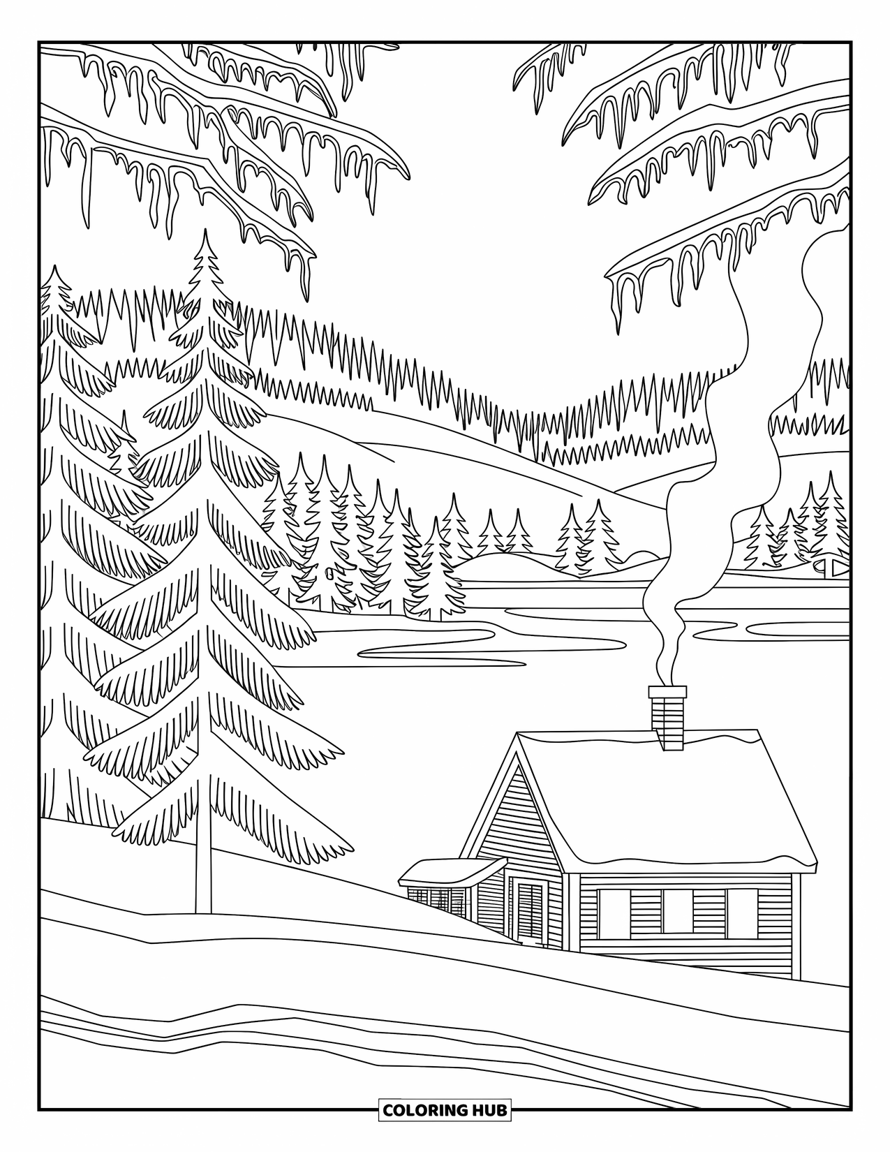 Kleurplaat Meer voor volwassenen: Een besneeuwd meer met ijspegels, bomen en een gezellige schoorsteen van een hut