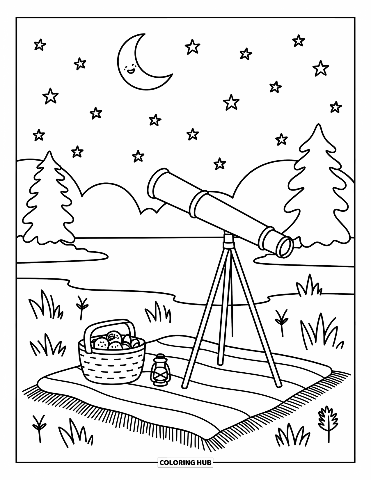 Kleurplaat Meer voor Volwassenen: Een sterrenkijkscène bij het meer met een deken, telescoop en snacks