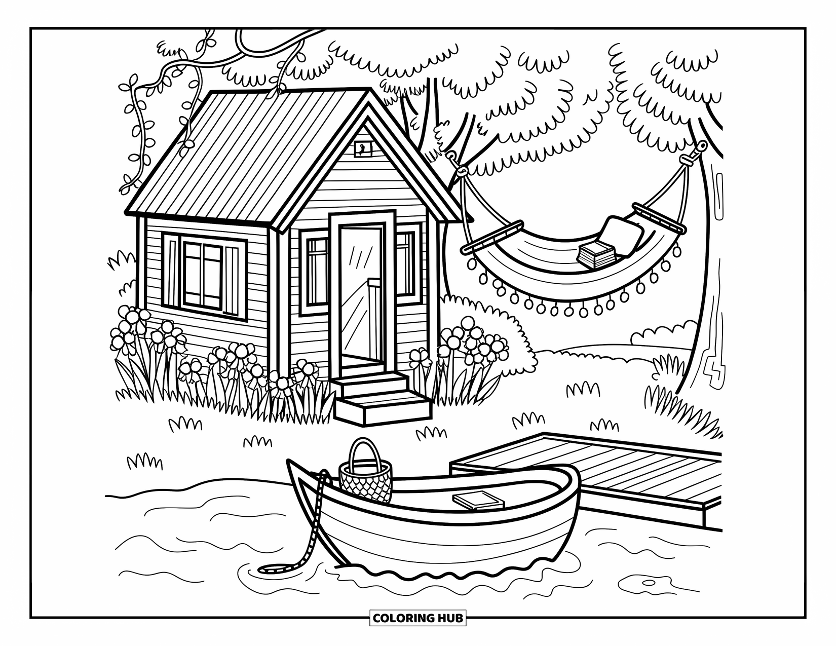 Kleurplaat Meer voor Volwassenen: Een klein huisje omringd door bloemen, een hangmat en een aangemeerde boot