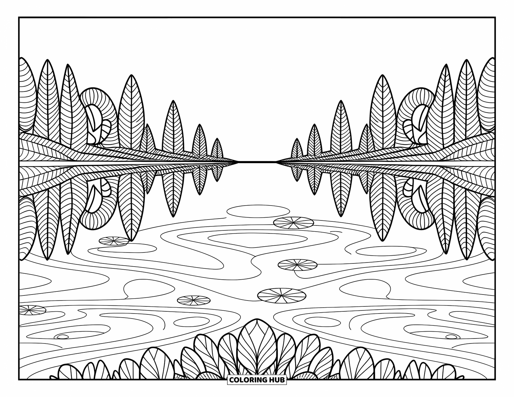Kleurplaat Meer voor Volwassenen: Een rustig meer met mandala-achtige golven, lelies en gespiegelde bomen