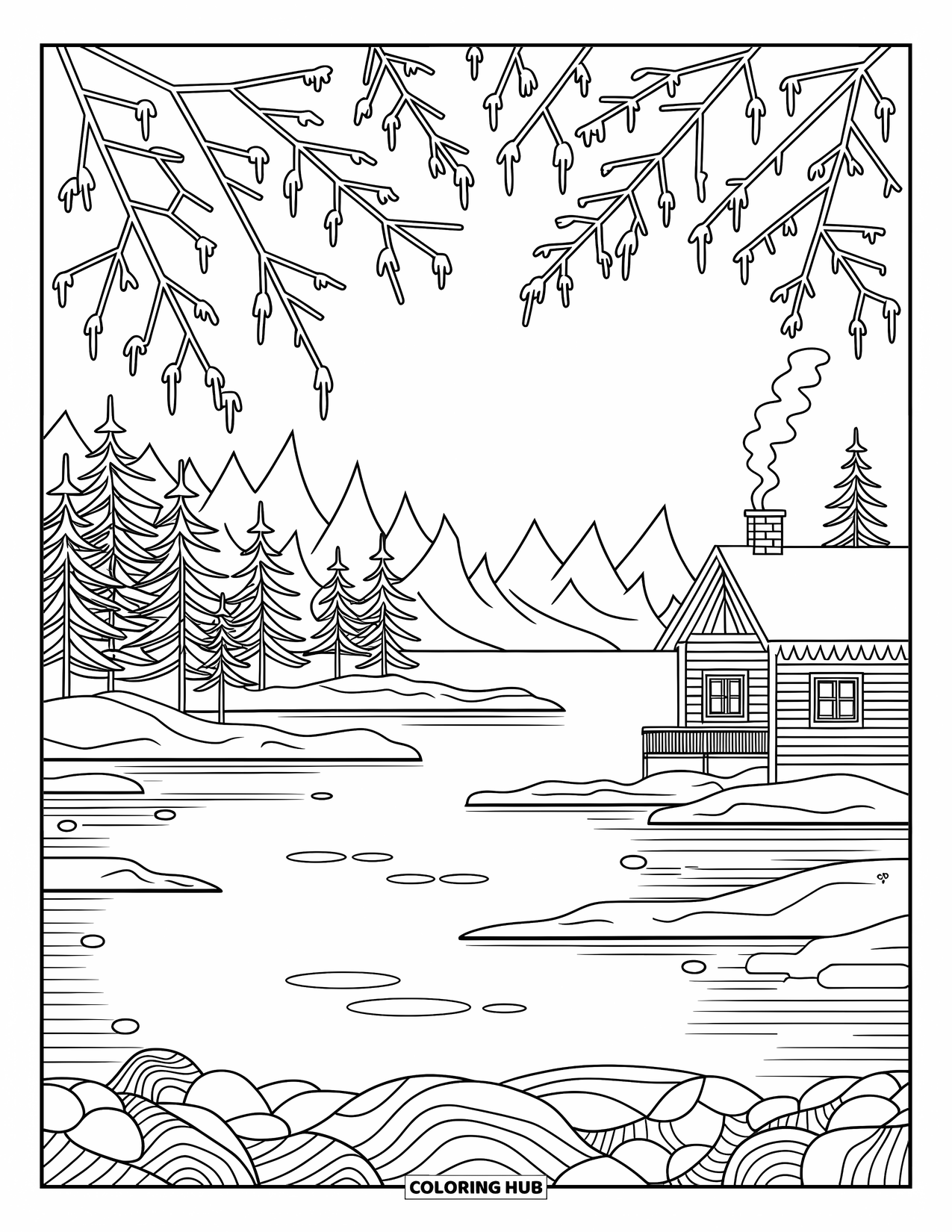 Kleurplaat Meer voor volwassenen: Een wintermeerlandschap met met sneeuw beladen bomen en een schoorsteen van een hut