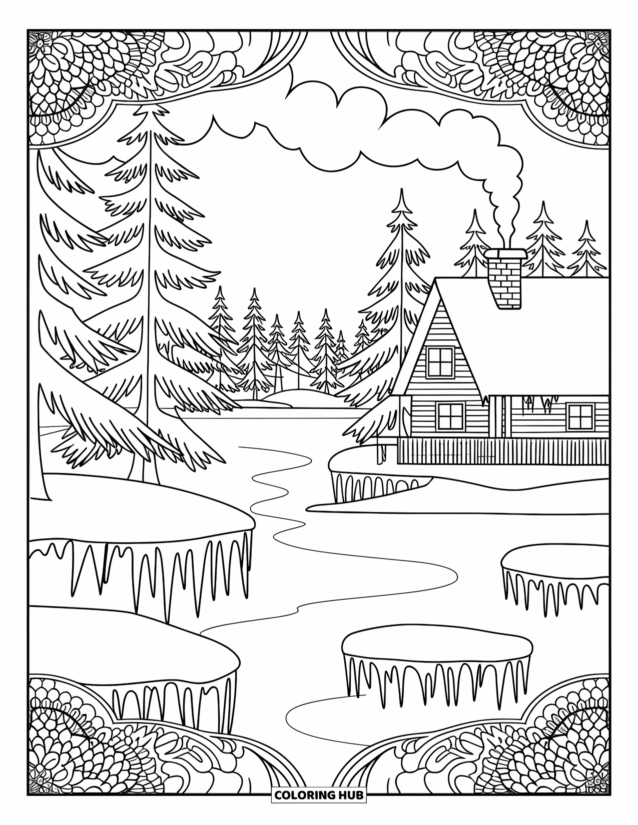 Kleurplaat Meer voor volwassenen: Een wintermeer met met sneeuw bedekte bomen, ijspegels en een rokende schoorsteen