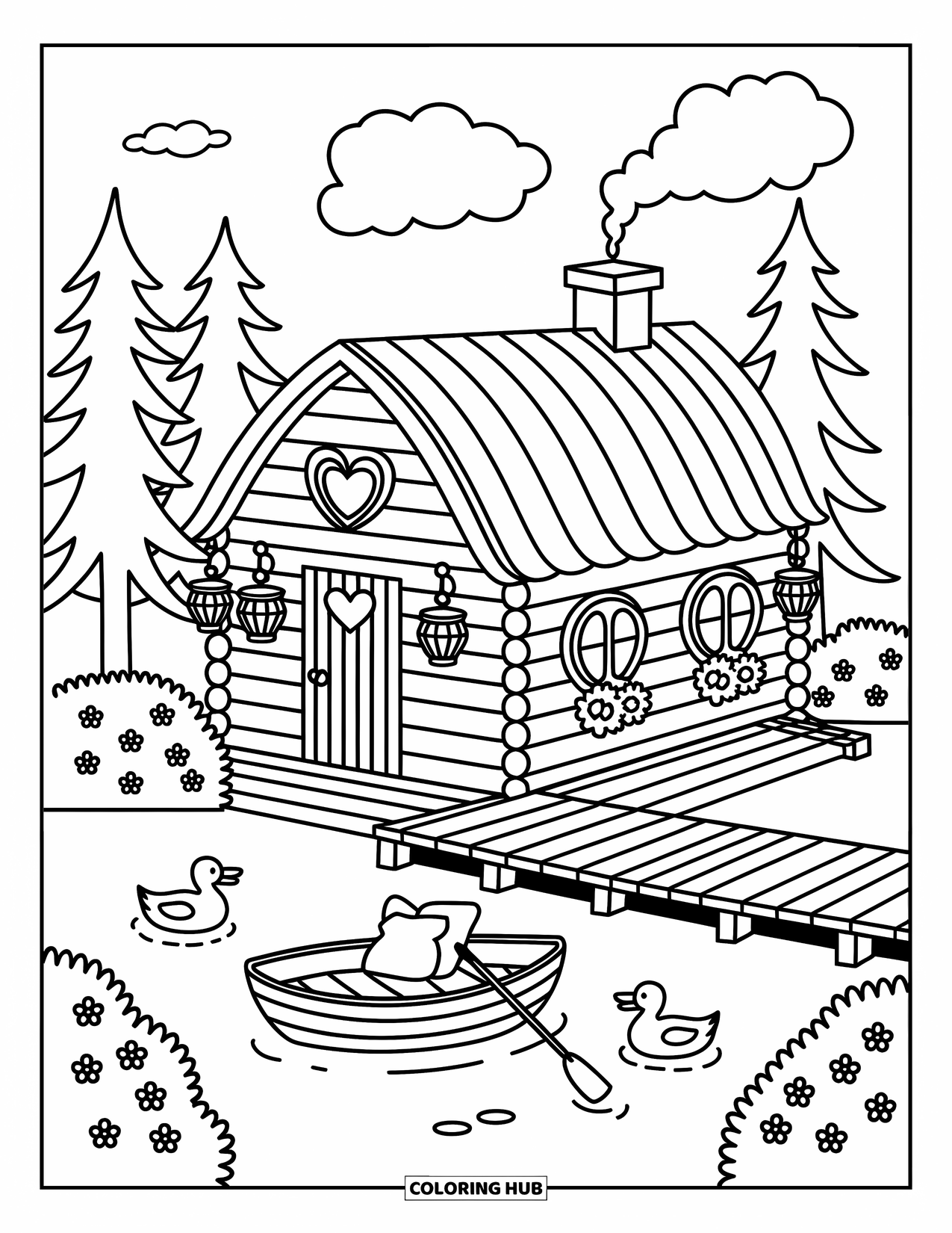 Kleurplaat Meer voor Volwassenen: Een houten huisje aan een meer met hartvormige ramen en een roeiboot