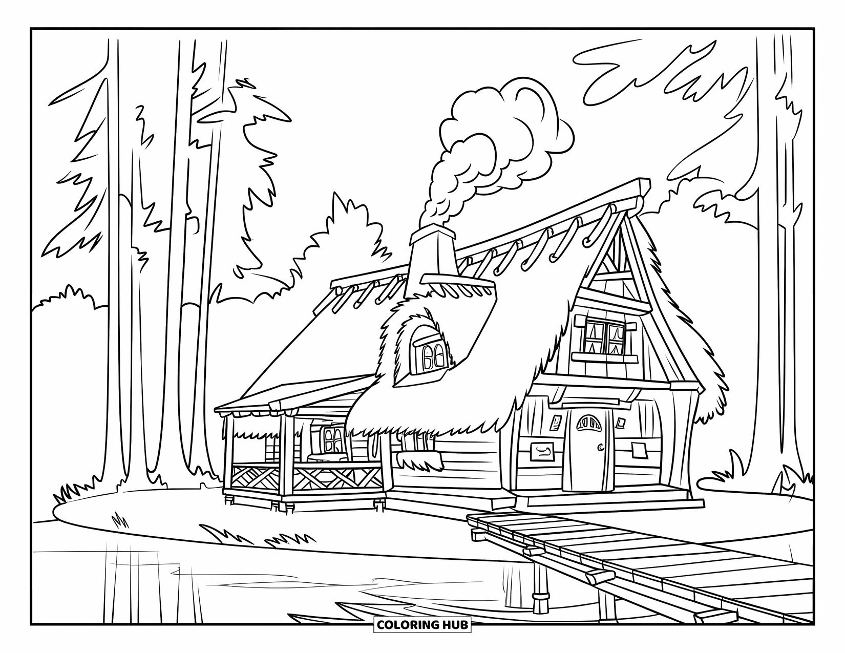 Kleurplaat Meer voor Kinderen: Een huisje aan een meer met rook, hoge bomen en een houten dok