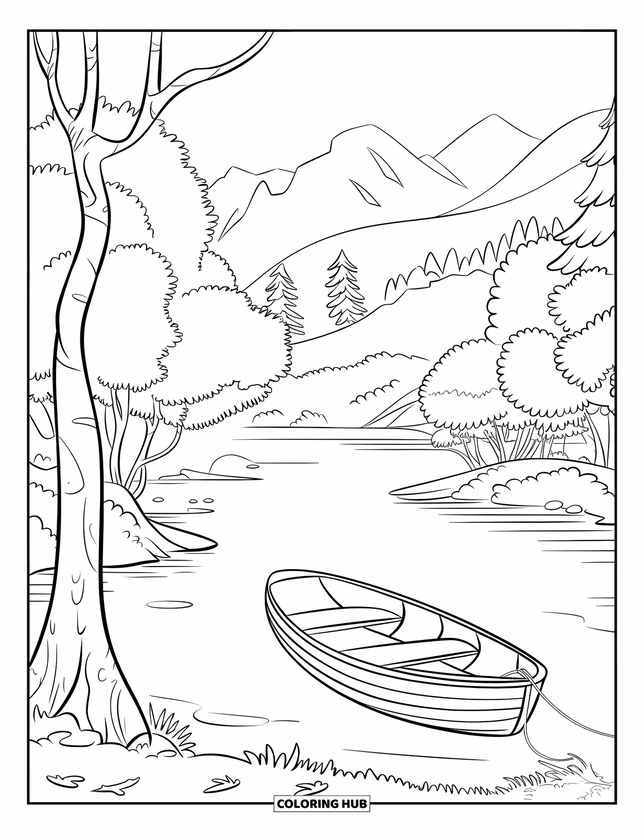 Kleurplaat Meer voor Kinderen: Een kalm meer met herfstbomen en een roeiboot vastgebonden aan een dok