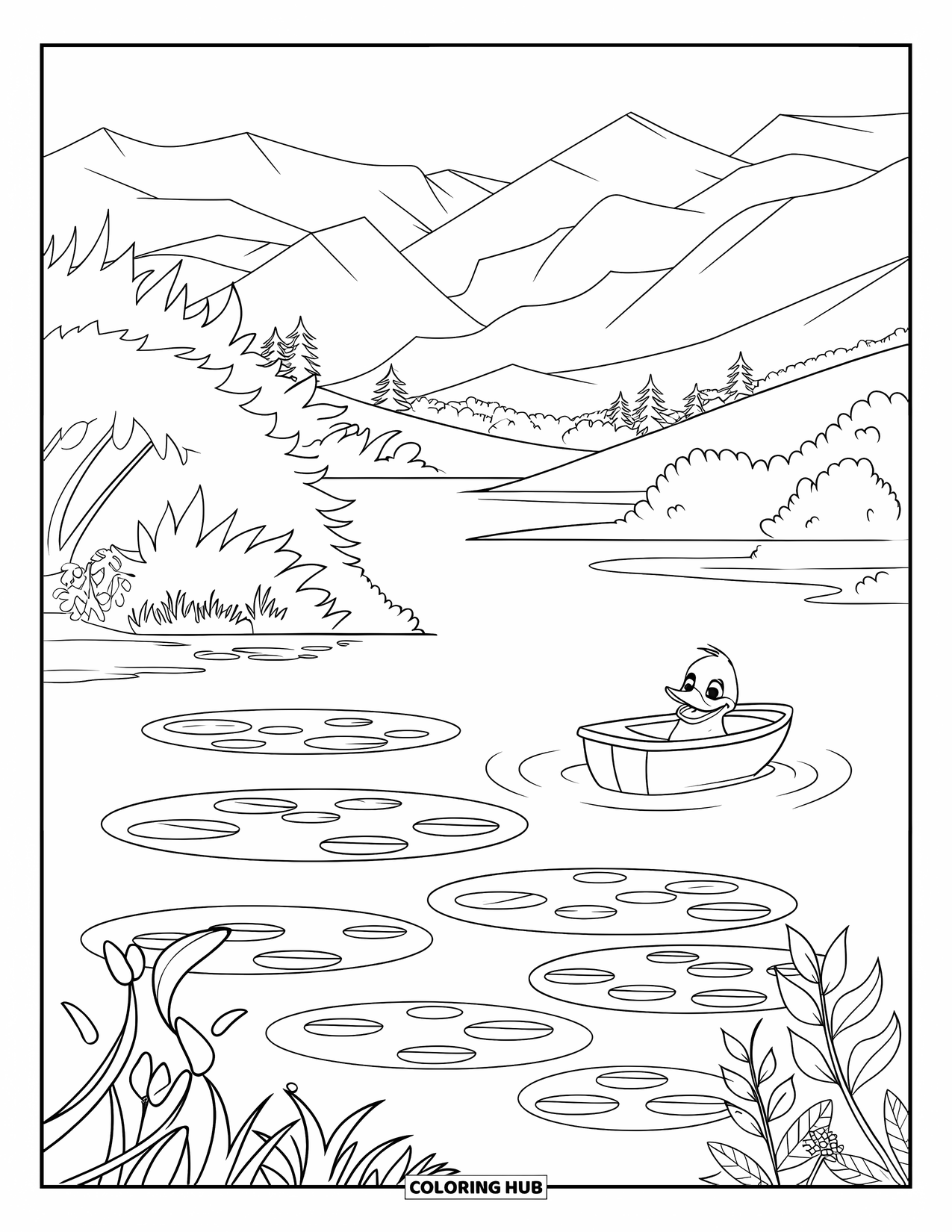 Kleurplaat Meer voor Kinderen: Een kalm meer met waterlelies, een kleine boot en een vrolijke eend die zwemt