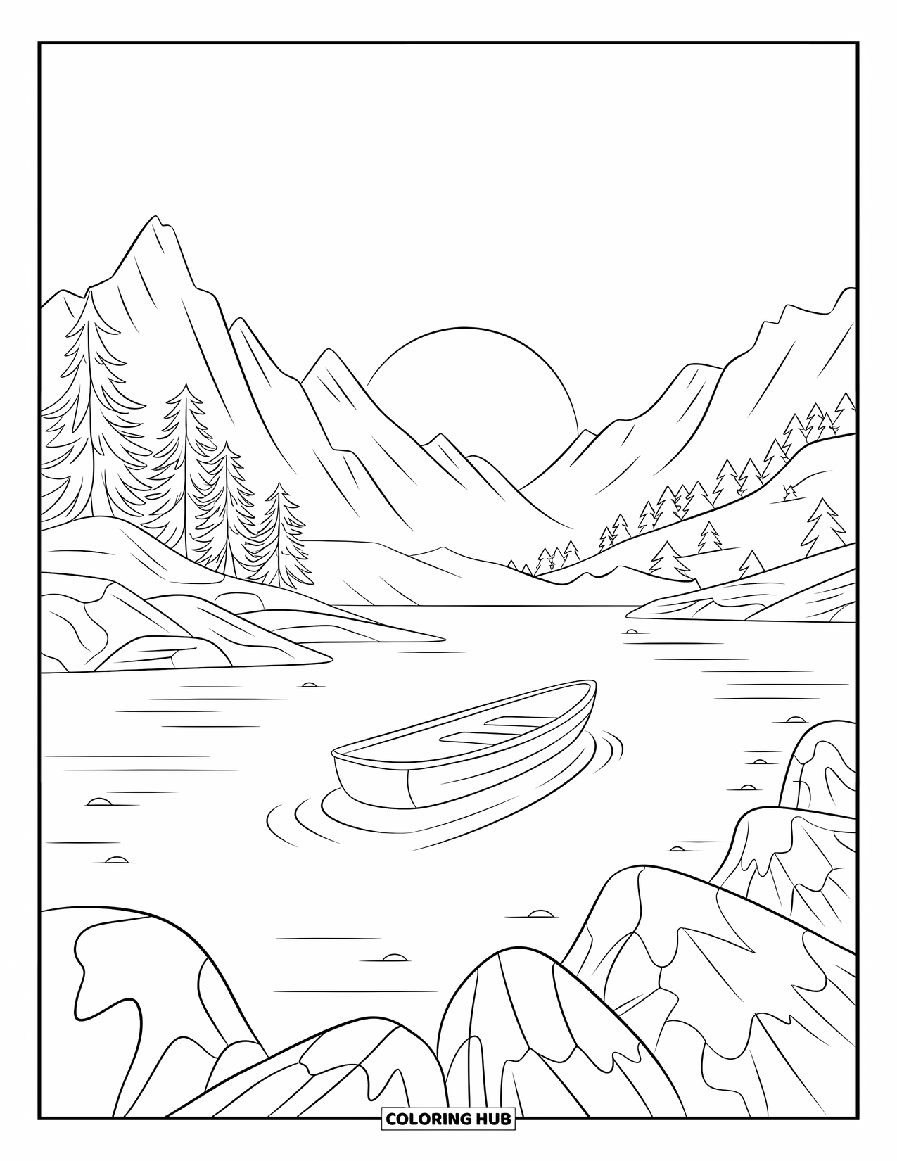 Kleurplaat Meer voor Kinderen: Een kalm meer met bergen, dennenbomen en een roeiboot bij zonsondergang