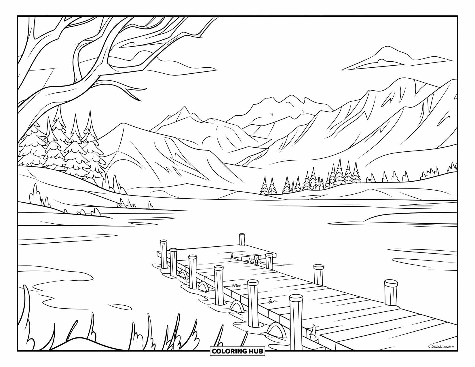 Kleurplaat Meer voor Kinderen: Een kalm wintermeer met besneeuwde bomen en een bevroren dok