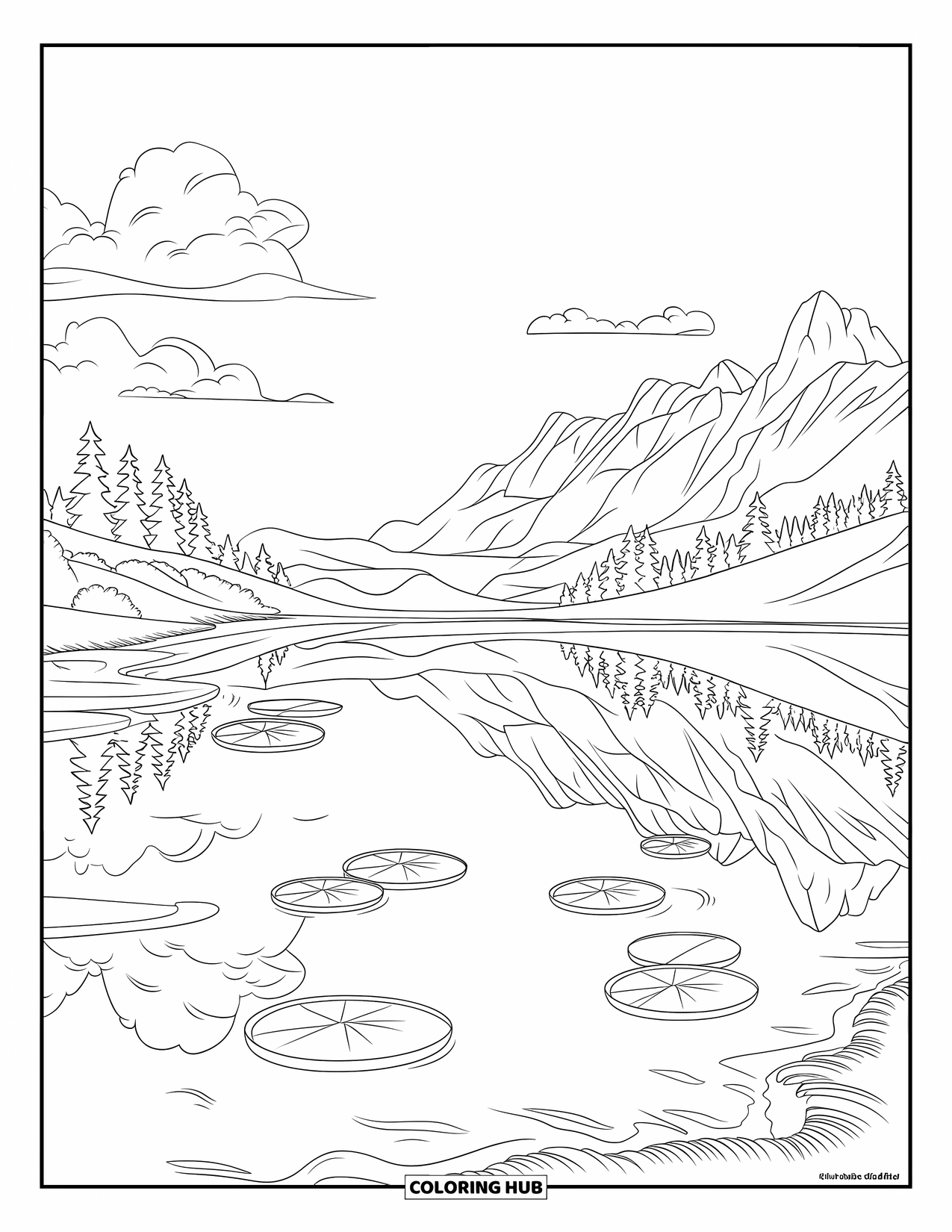 Kleurplaat Meer voor Kinderen: Een helder meer met drijvende waterlelies en reflecties van bergen