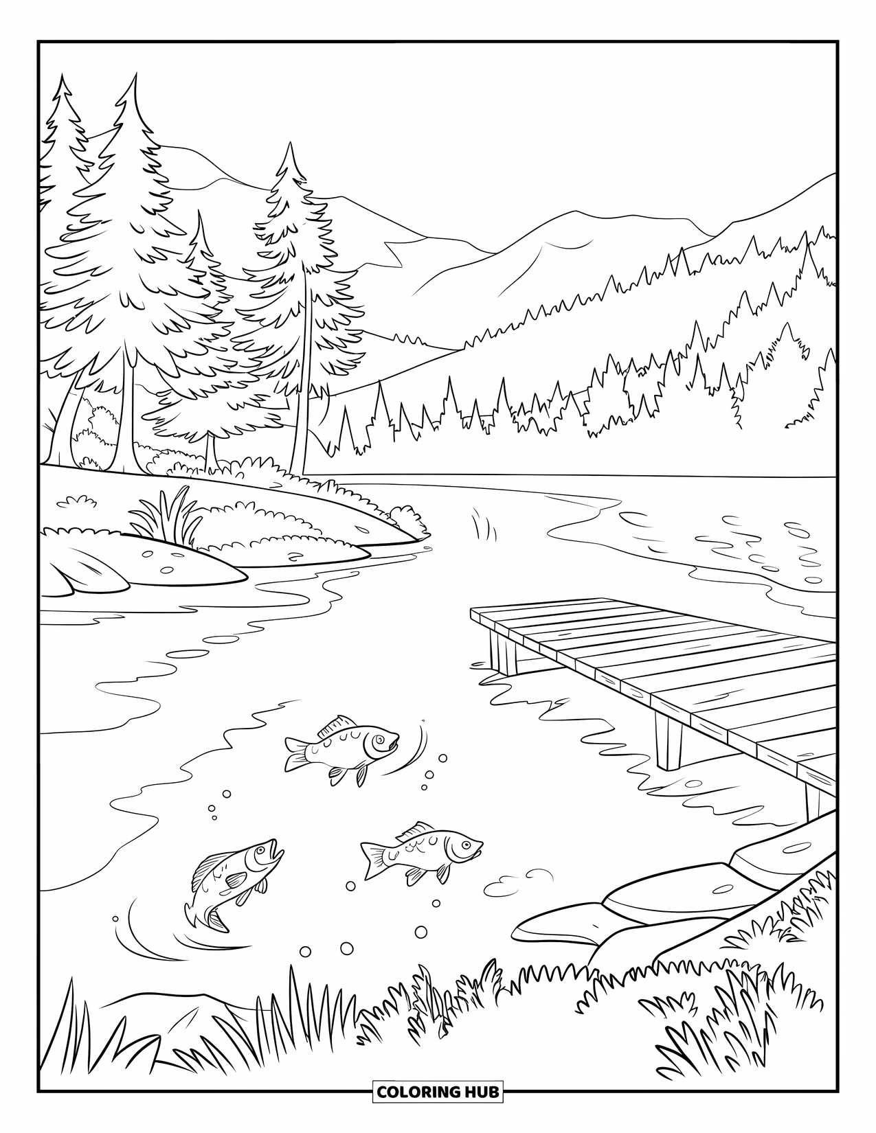 Kleurplaat Meer voor Kinderen: Een gezellig huisje aan een meer met opstijgende rook en hoge bomen