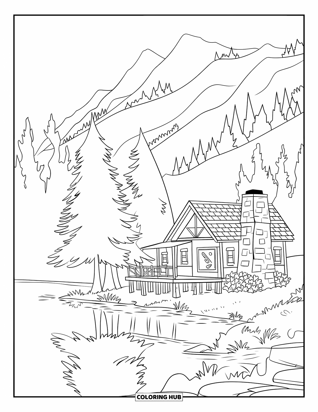 Kleurplaat Meer voor Kinderen: Een gezellig huisje aan een meer met hoge dennenbomen en een houten dok