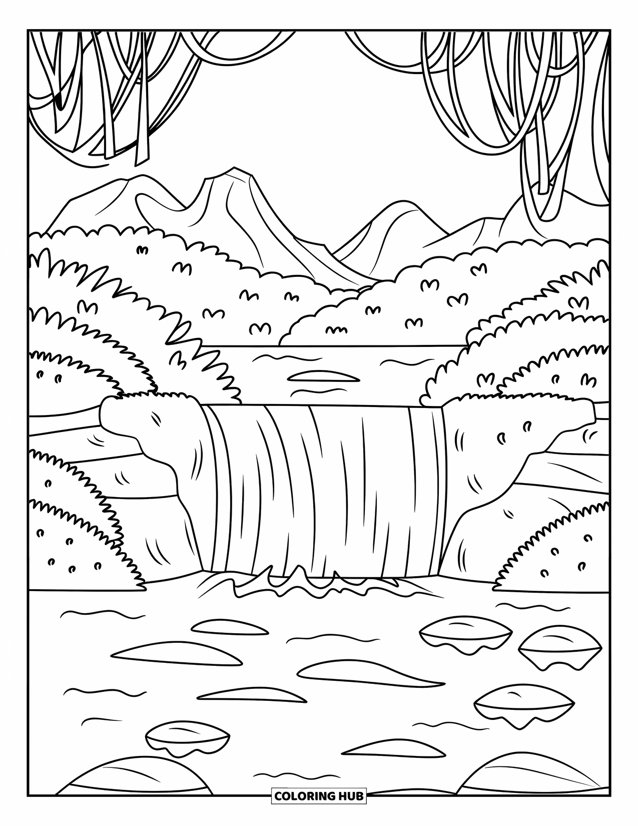 Kleurplaat Meer voor Kinderen: Een hert bij een meer met gras en vogels in de lucht