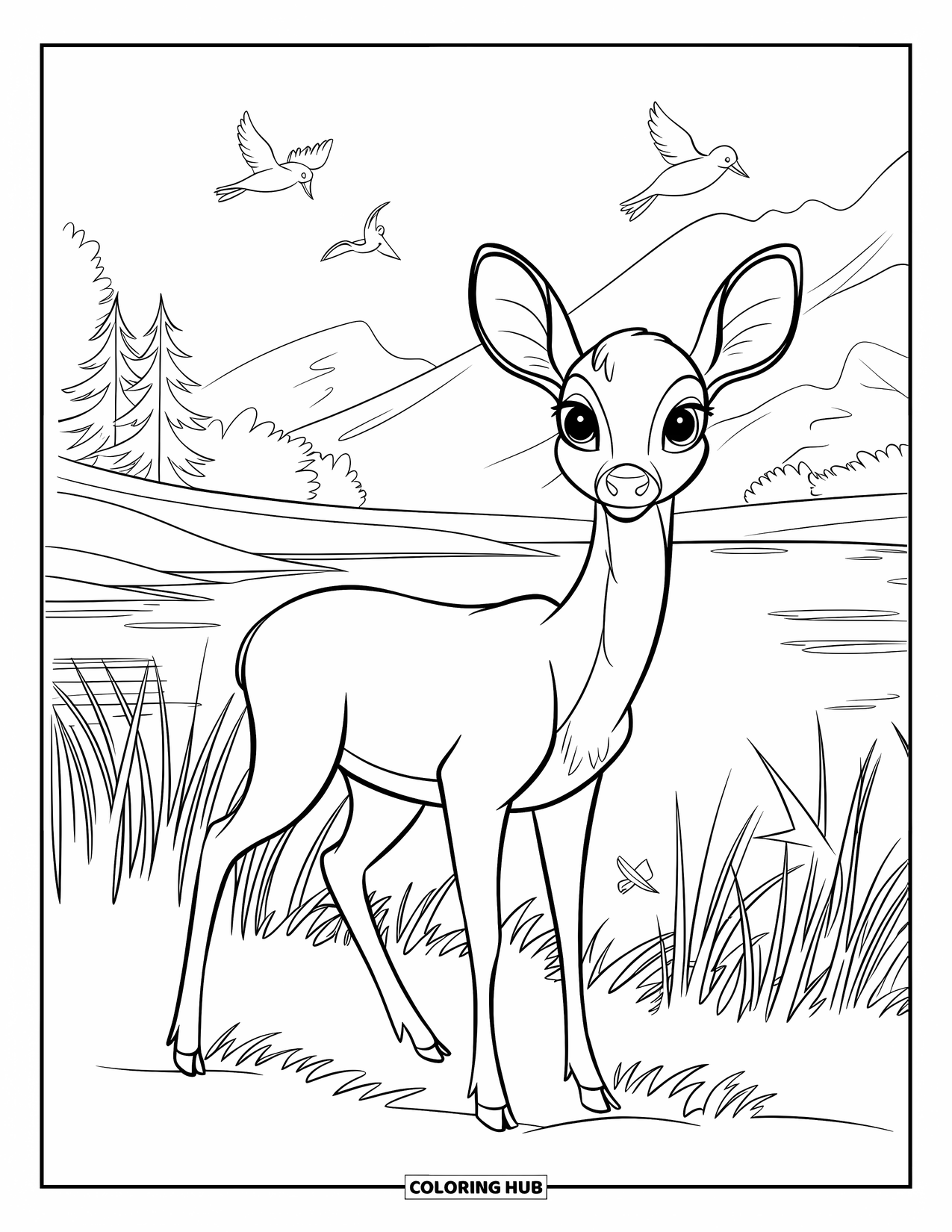 Kleurplaat Meer voor Kinderen: Een hert in de buurt van een meer met hoog gras en vliegende vogels