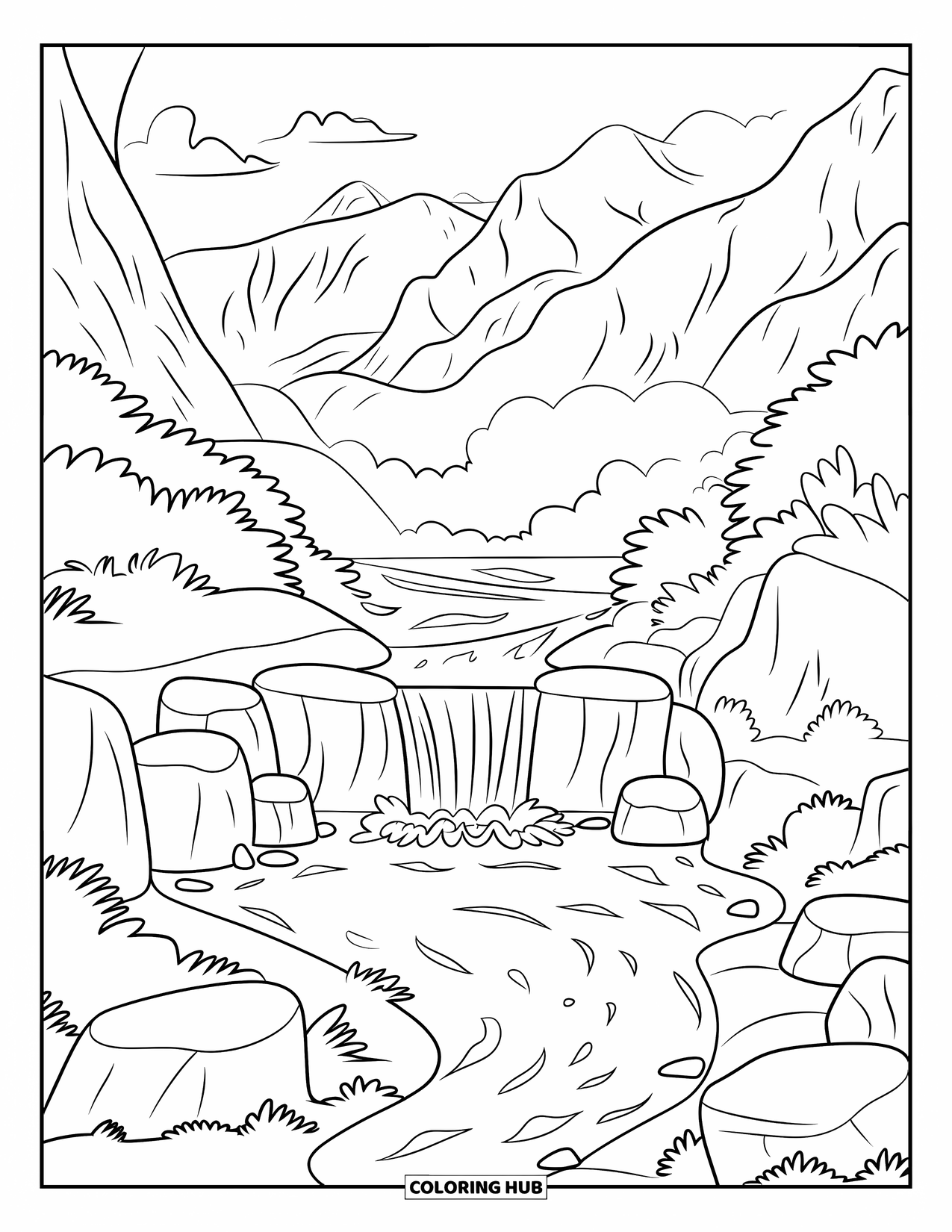 Kleurplaat Meer voor Kinderen: Een hert dat bij een meer staat met hoog gras en vliegende vogels