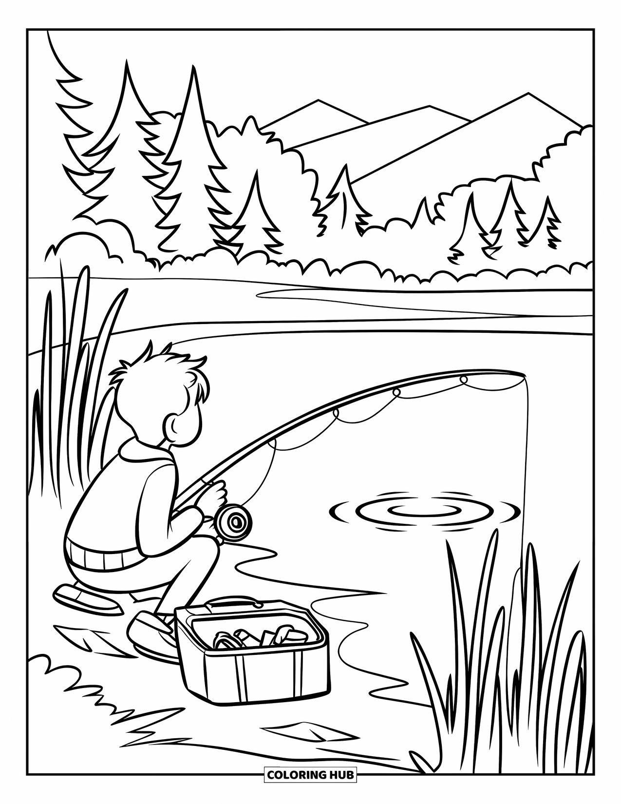 Kleurplaat Meer voor Kinderen: Een visscène bij een meer met riet, een viskist en rimpelingen