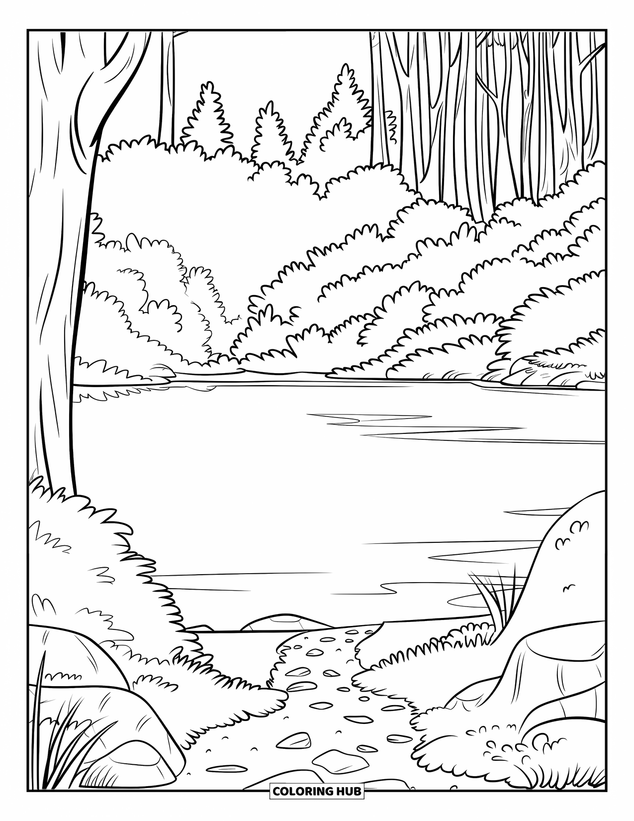 Kleurplaat Meer voor Kinderen: Een bosmeer met een verborgen pad en kalm water
