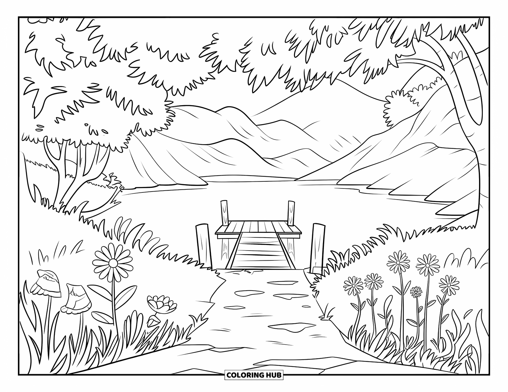 Kleurplaat Meer voor Kinderen: Een verborgen meer met een pad dat leidt naar een houten dok en wilde bloemen
