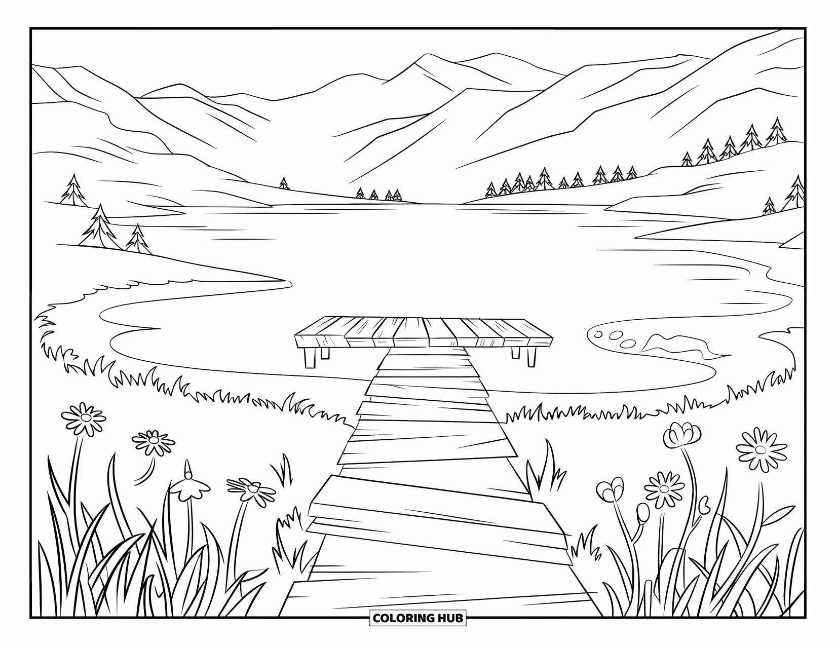 Kleurplaat Meer voor Kinderen: Een verborgen meer met een houten dok en een pad omzoomd met wilde bloemen