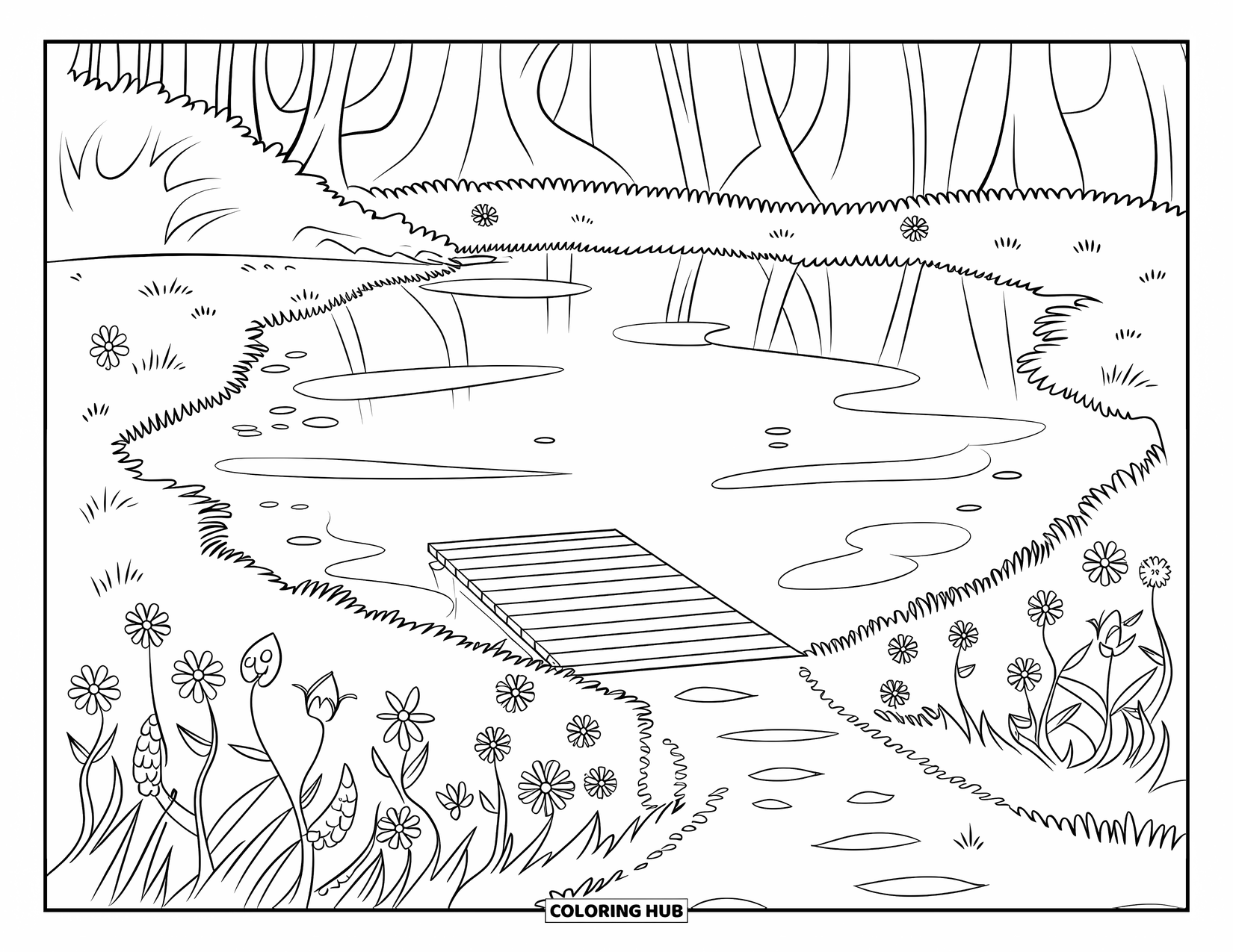 Kleurplaat Meer voor Kinderen: Een verborgen meer met wilde bloemen en een houten dok bij een bos