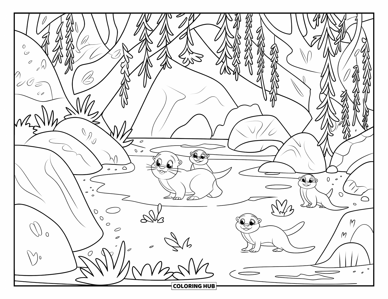 Kleurplaat Meer voor Kinderen: Een verborgen meer met wilgenbomen en speelse otters