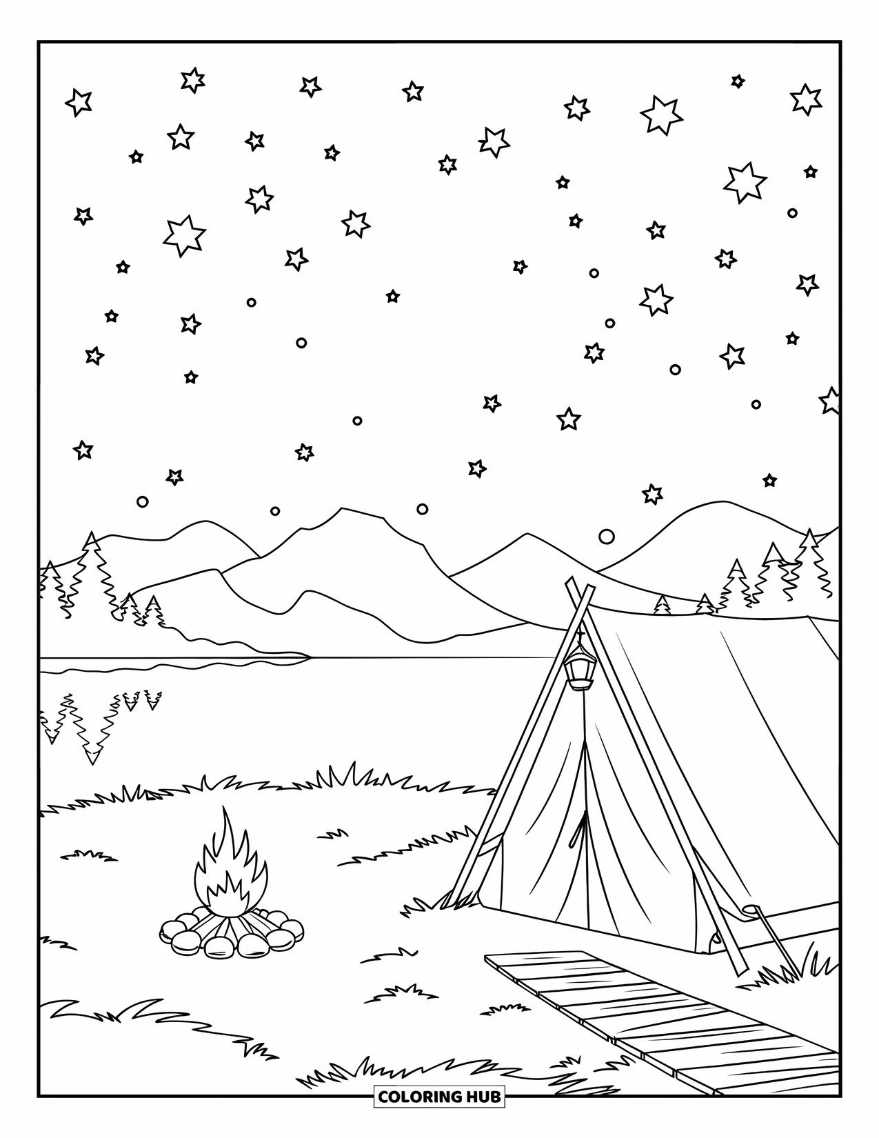 Kleurplaat Meer voor Kinderen: Een meer 's nachts met sterren, een kampvuur en een tent