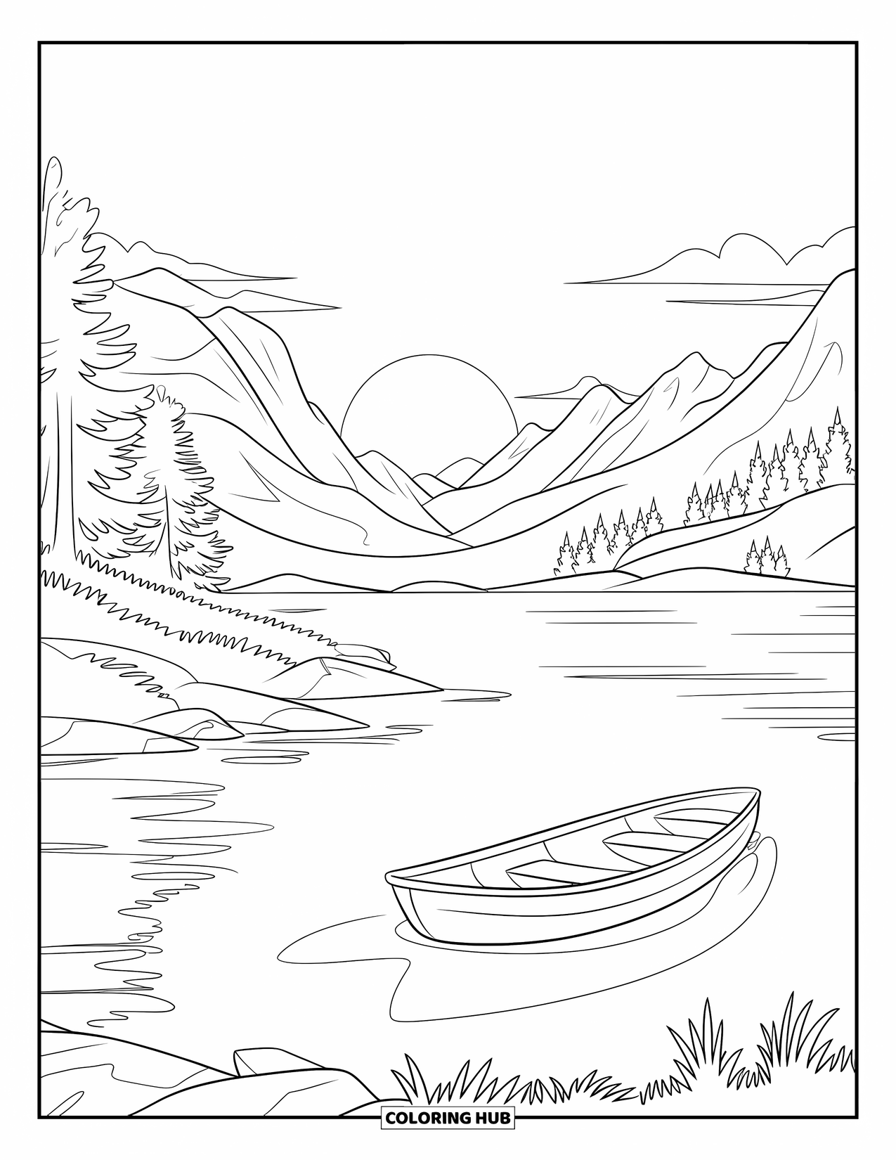 Kleurplaat Meer voor Kinderen: Een meer bij zonsondergang met bergen, dennenbomen en een drijvende roeiboot