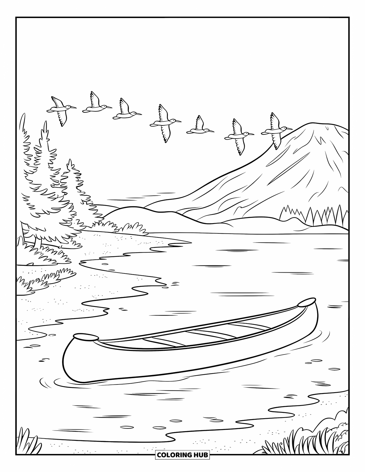 Kleurplaat Meer voor Kinderen: Een meer met een kano, kleine golven en vogels in de lucht