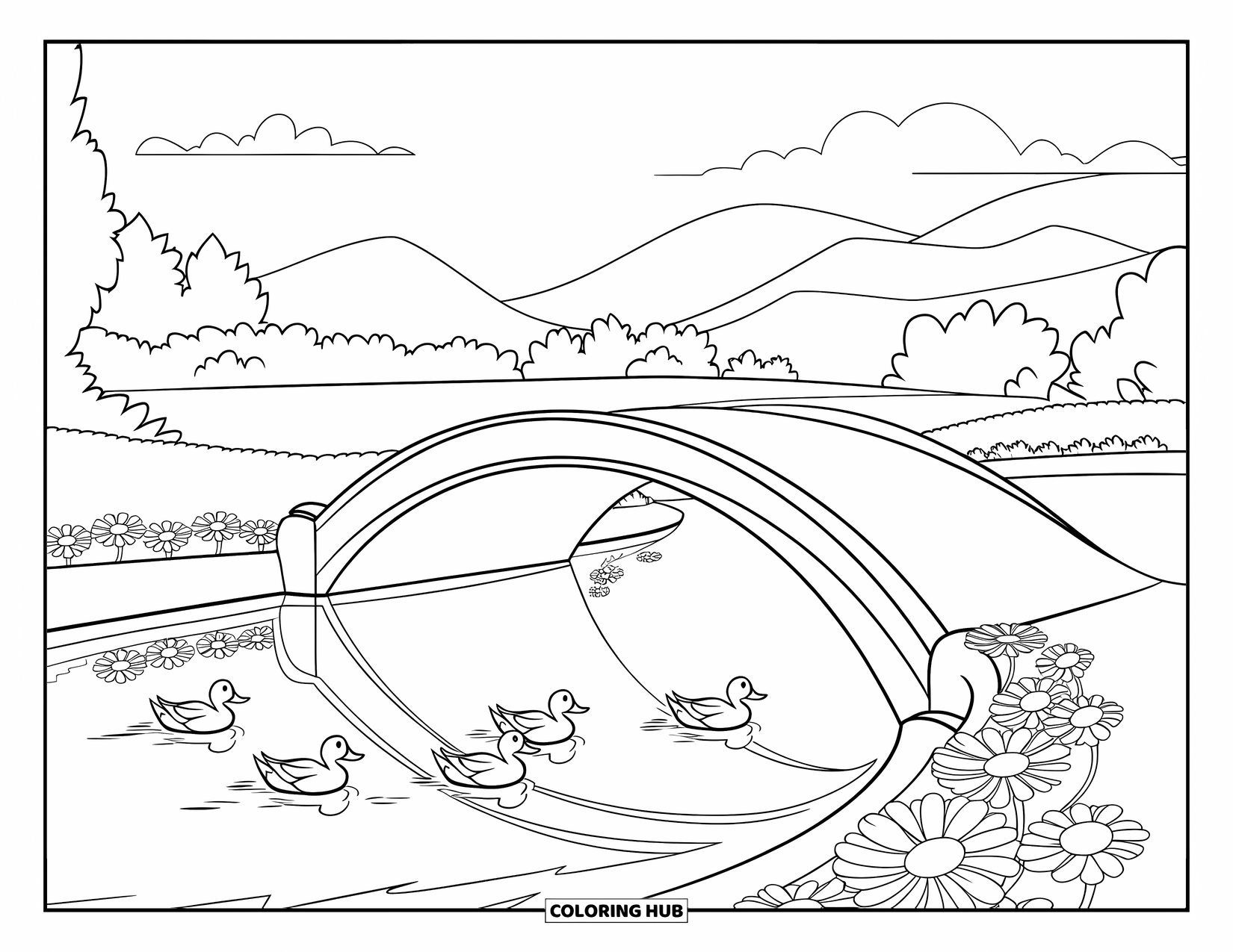 Kleurplaat Meer voor Kinderen: Een meer met een gebogen brug, eenden en bloemen langs de oever