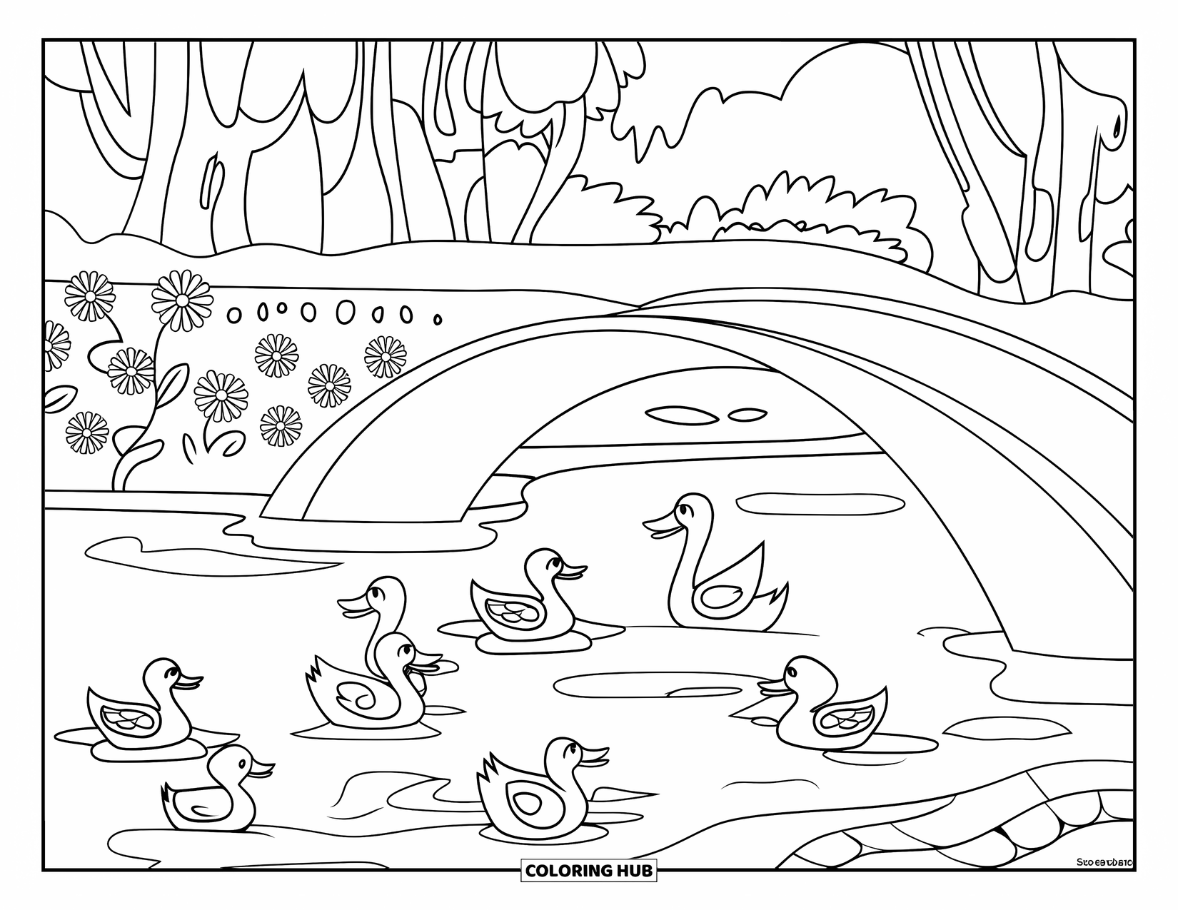 Kleurplaat Meer voor Kinderen: Een meer met een gebogen brug, eenden en bloemen bij het water