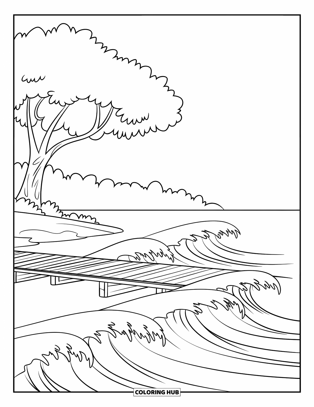 Kleurplaat Meer voor Kinderen: Een meer met een dok, een boom en zachte golven op het water