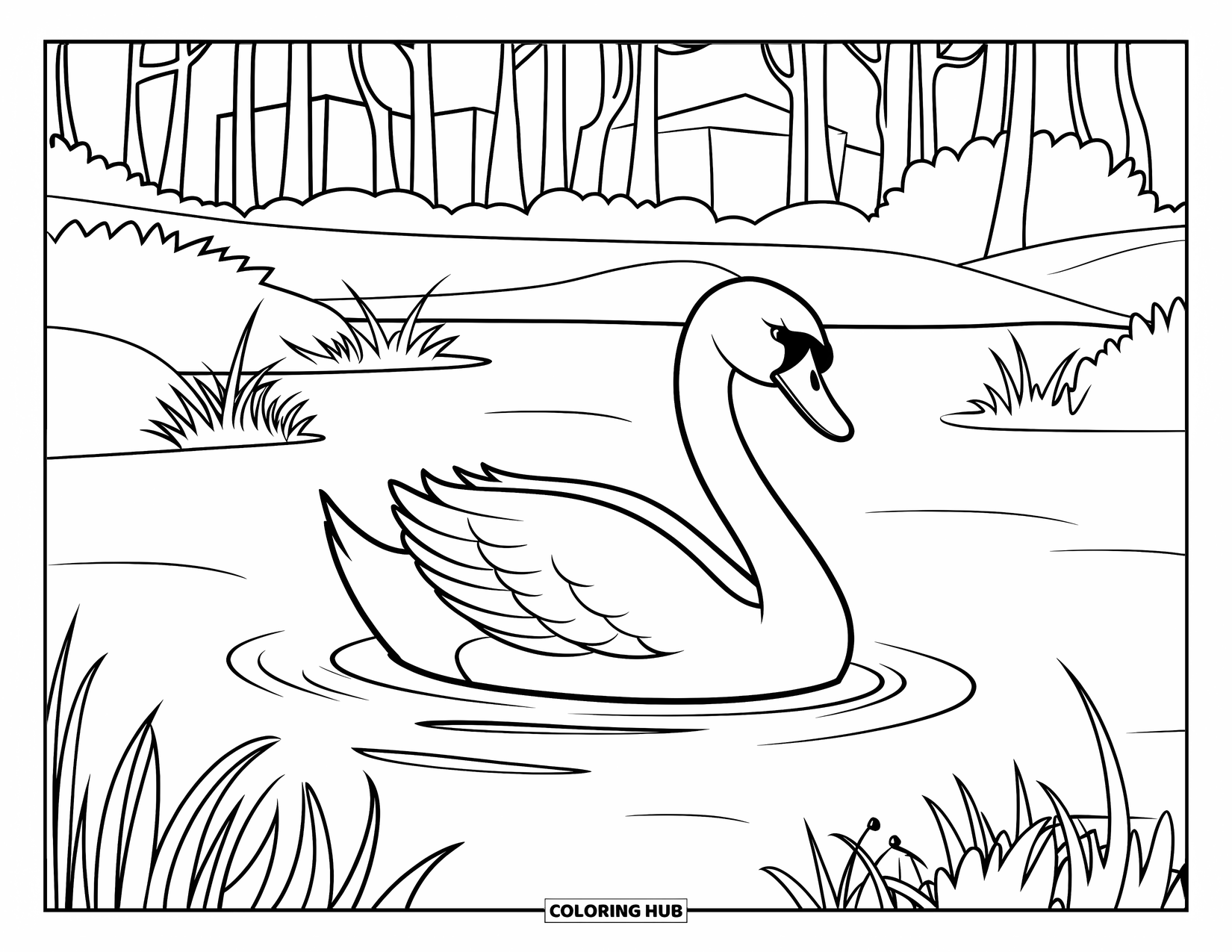 Kleurplaat Meer voor Kinderen: Een meer met een klein eiland en twee eenden die zwemmen