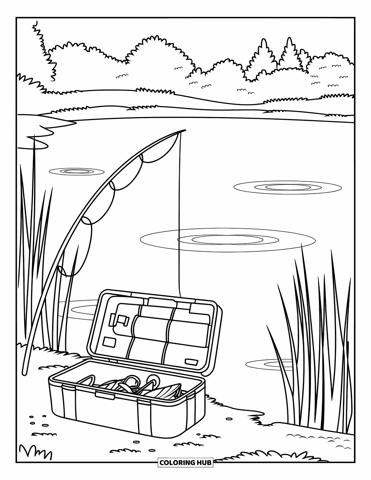 Kleurplaat Meer voor Kinderen: Een meer met een viskist, riet en zachte rimpelingen in het water