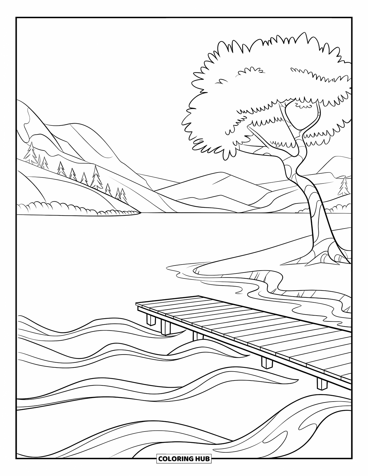 Kleurplaat Meer voor Kinderen: Een meer met een boom, een houten dok en kalm water