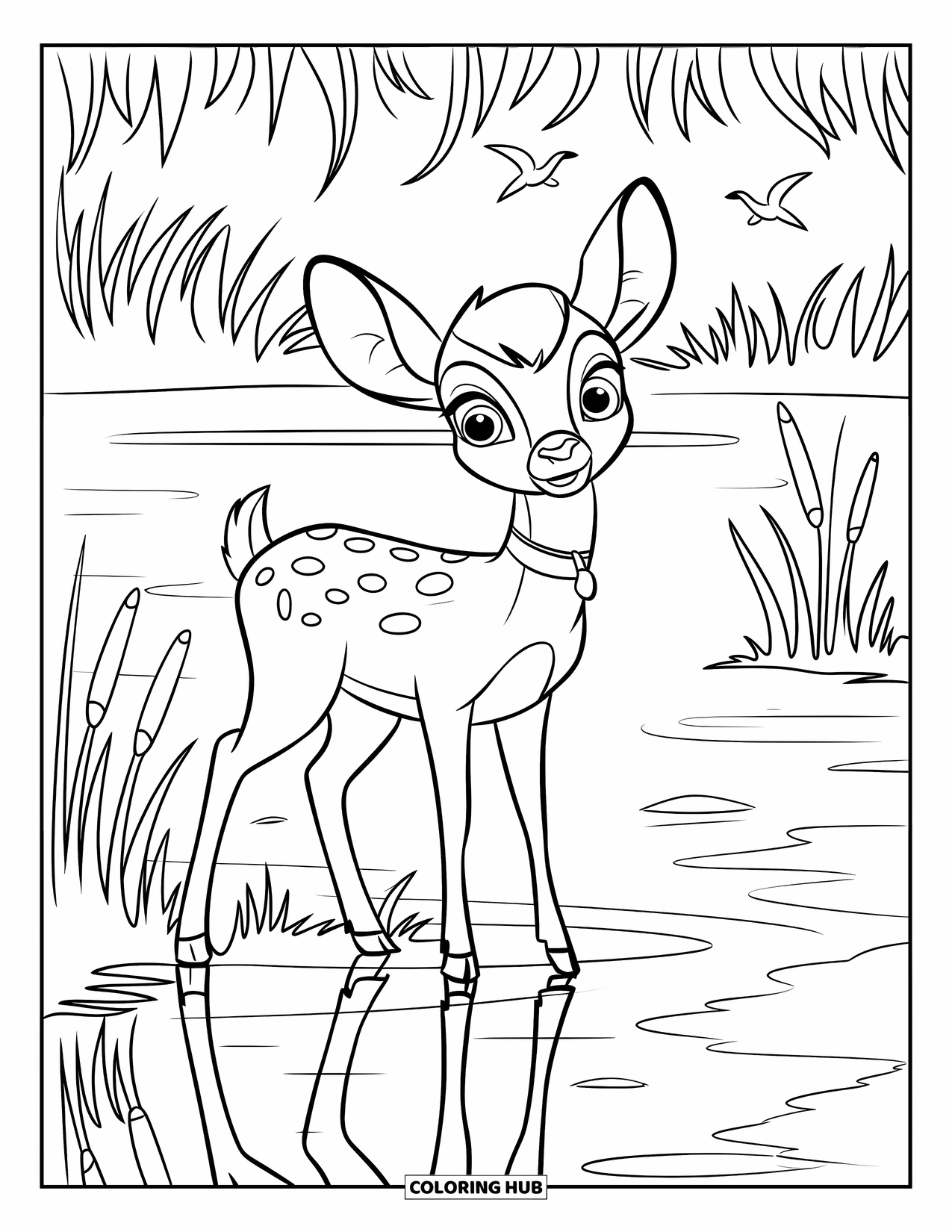 Kleurplaat Meer voor Kinderen: Een meer met een houten dok, een enkele boom en zachte golven