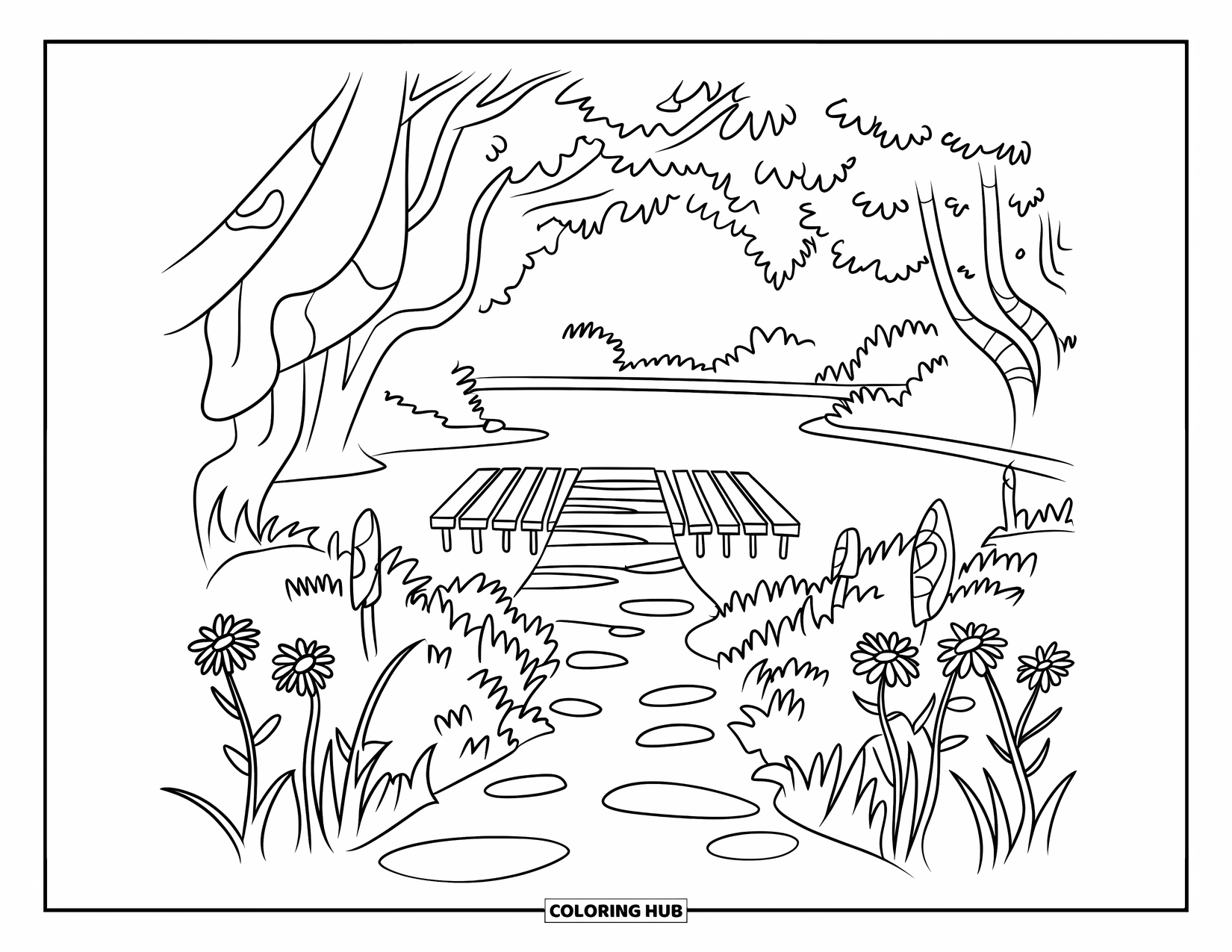 Kleurplaat Meer voor Kinderen: Een meer met een houten dok en wilde bloemen langs een verborgen pad