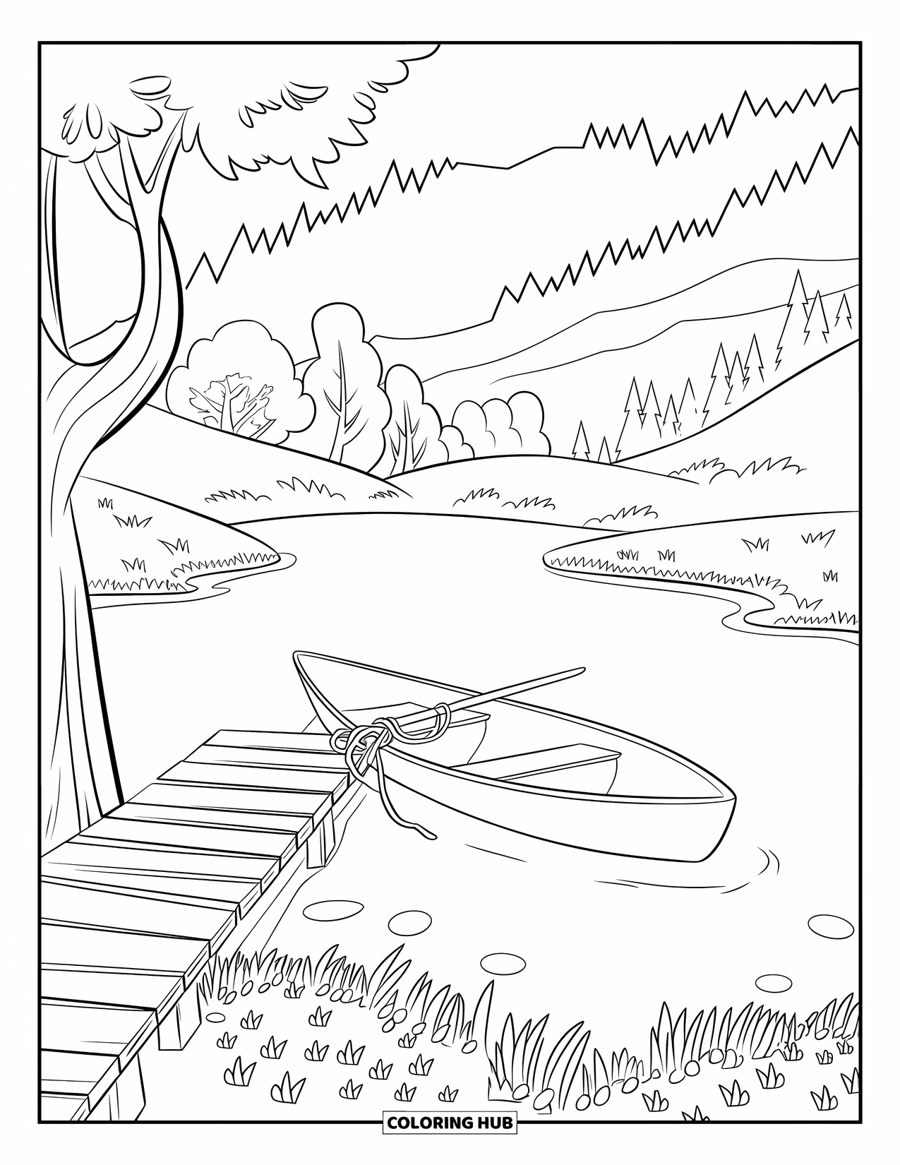 Kleurplaat Meer voor Kinderen: Een meer met herfstbomen, een roeiboot en een houten dok