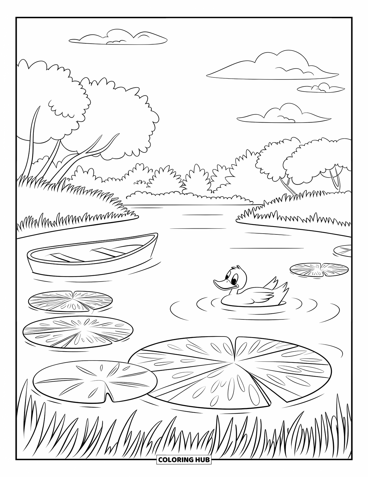 Kleurplaat Meer voor Kinderen: Een meer met waterlelies, een kleine boot en een zwemmende eend