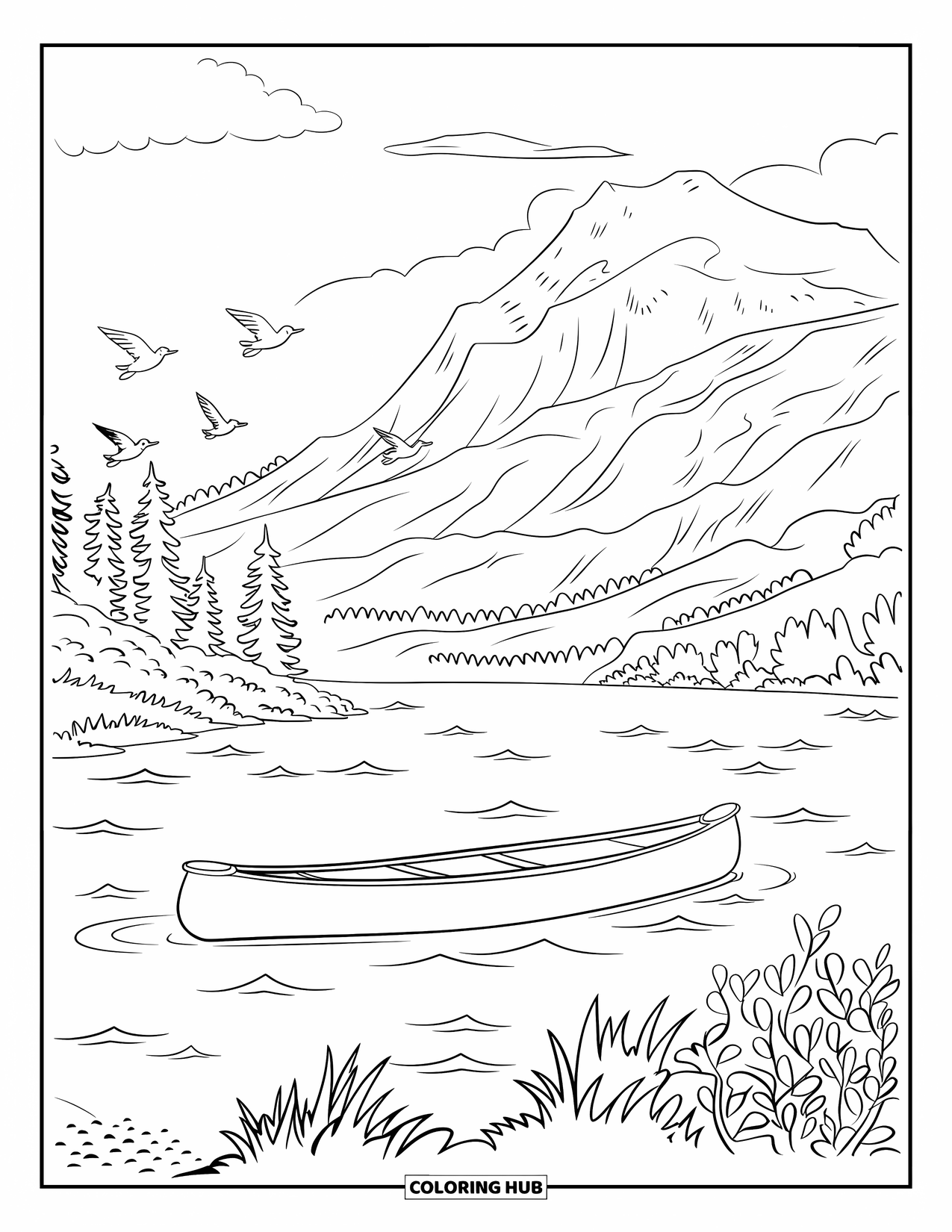 Kleurplaat Meer voor Kinderen: Een meer met kleine golven, een kano en vogels die naar een berg vliegen