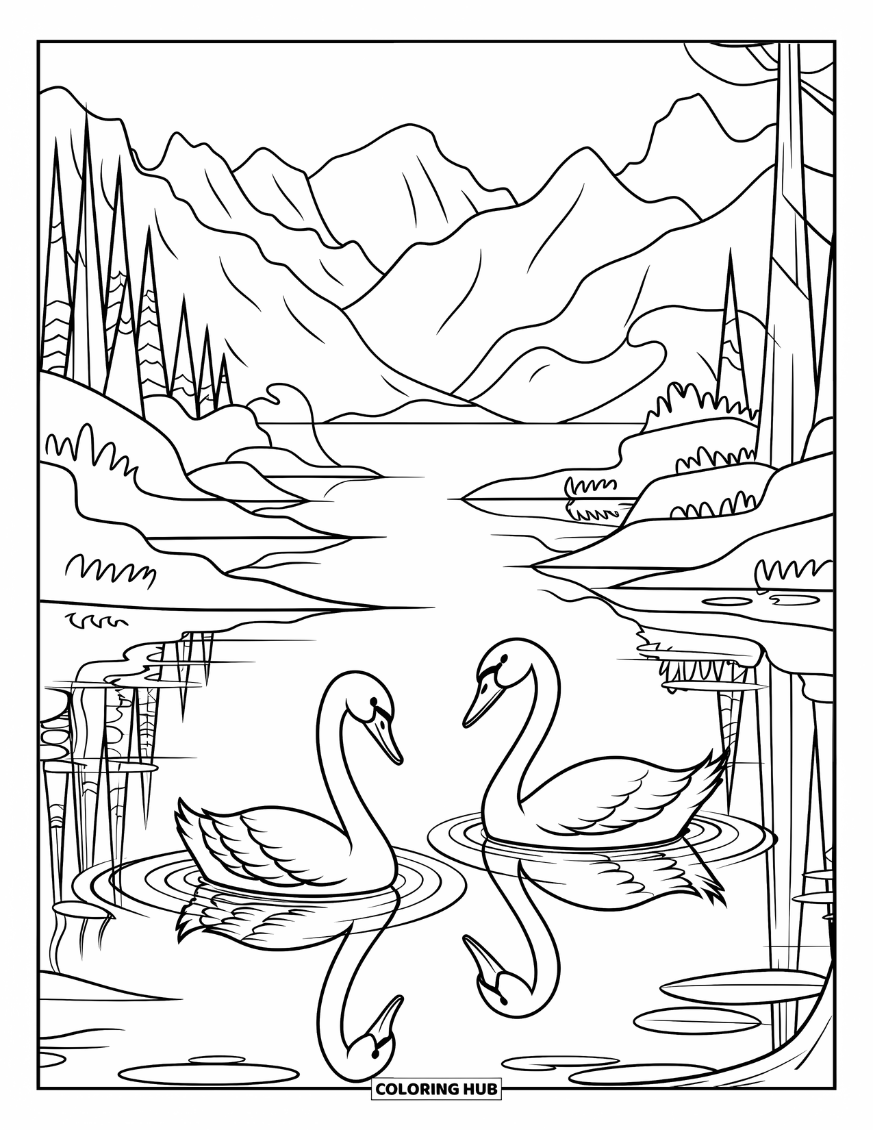 Kleurplaat Meer voor Kinderen: Een meer met zwanen, lelies en rimpelend water