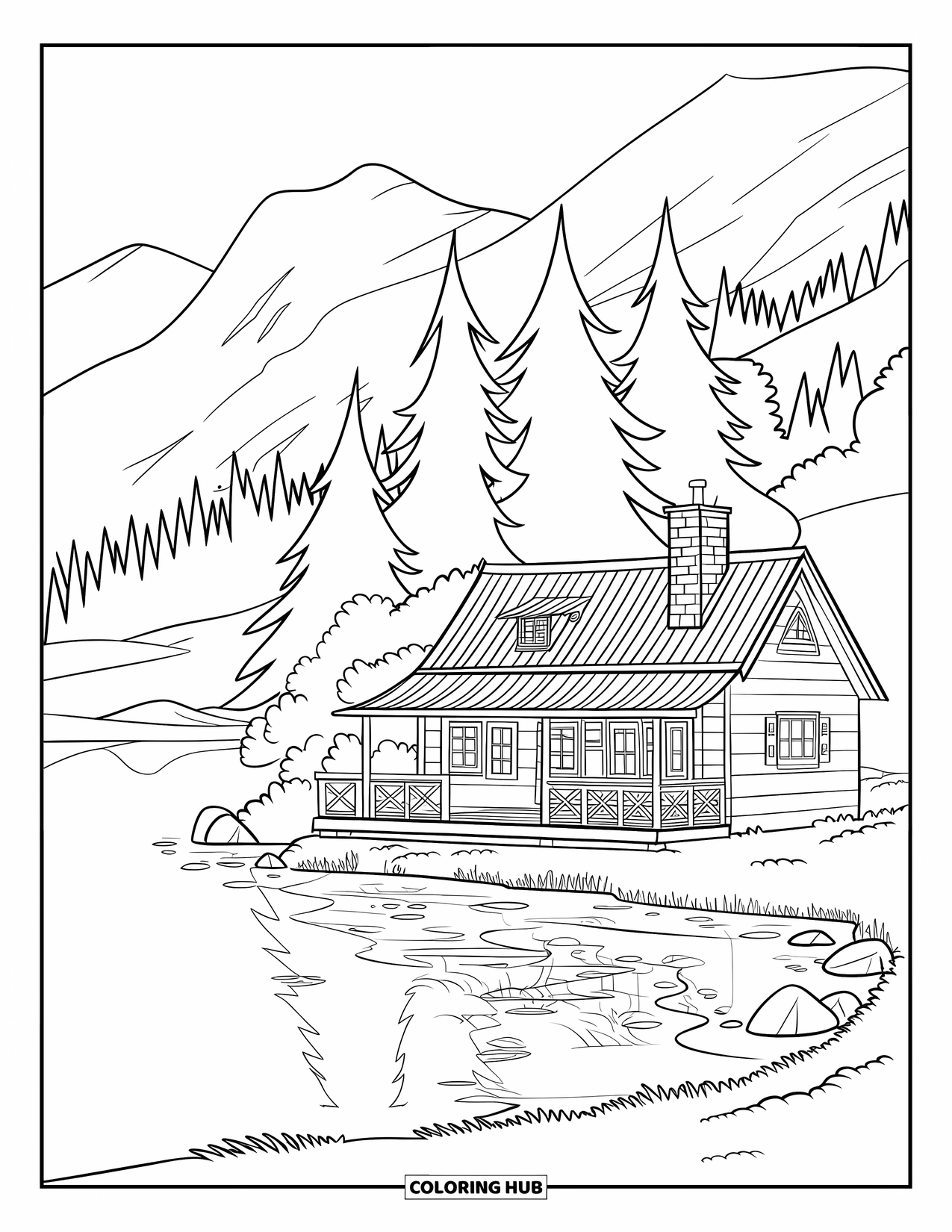 Kleurplaat Meer voor Kinderen: Een huisje aan het meer met een schoorsteen, dennenbomen en een houten dok