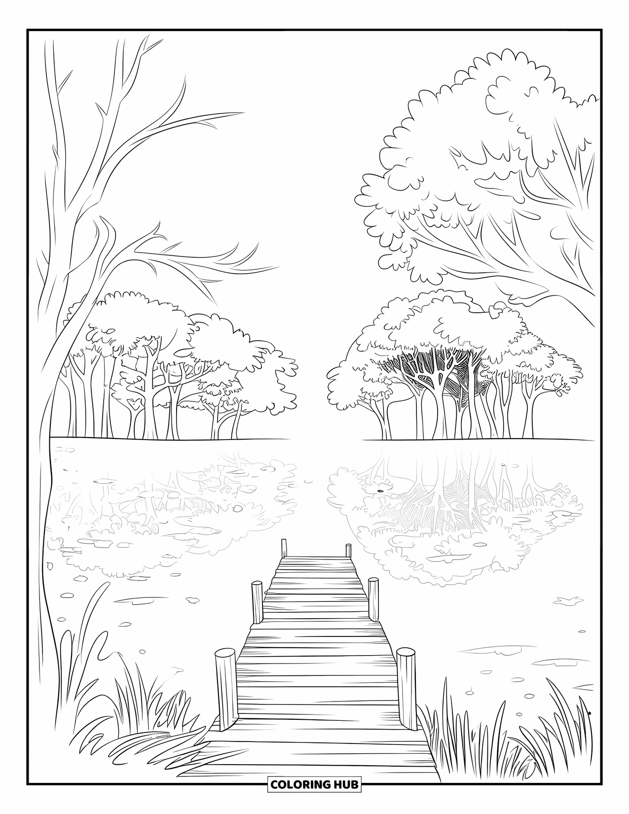 Kleurplaat Meer voor Kinderen: Een mistig meer met reflecties van herfstbomen en een houten pier