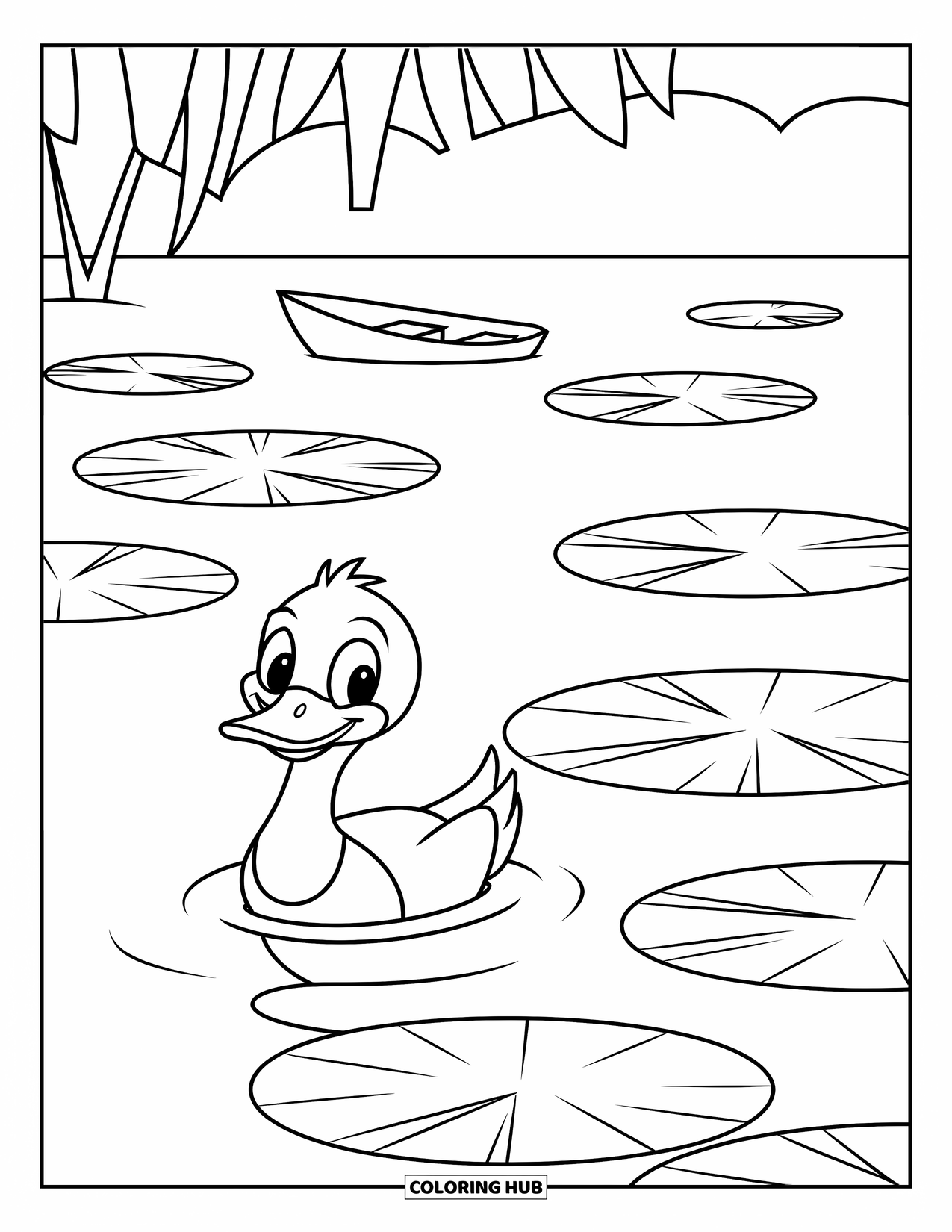 Kleurplaat Meer voor Kinderen: Een vredig meer met een boot, waterlelies en een vrolijke eend