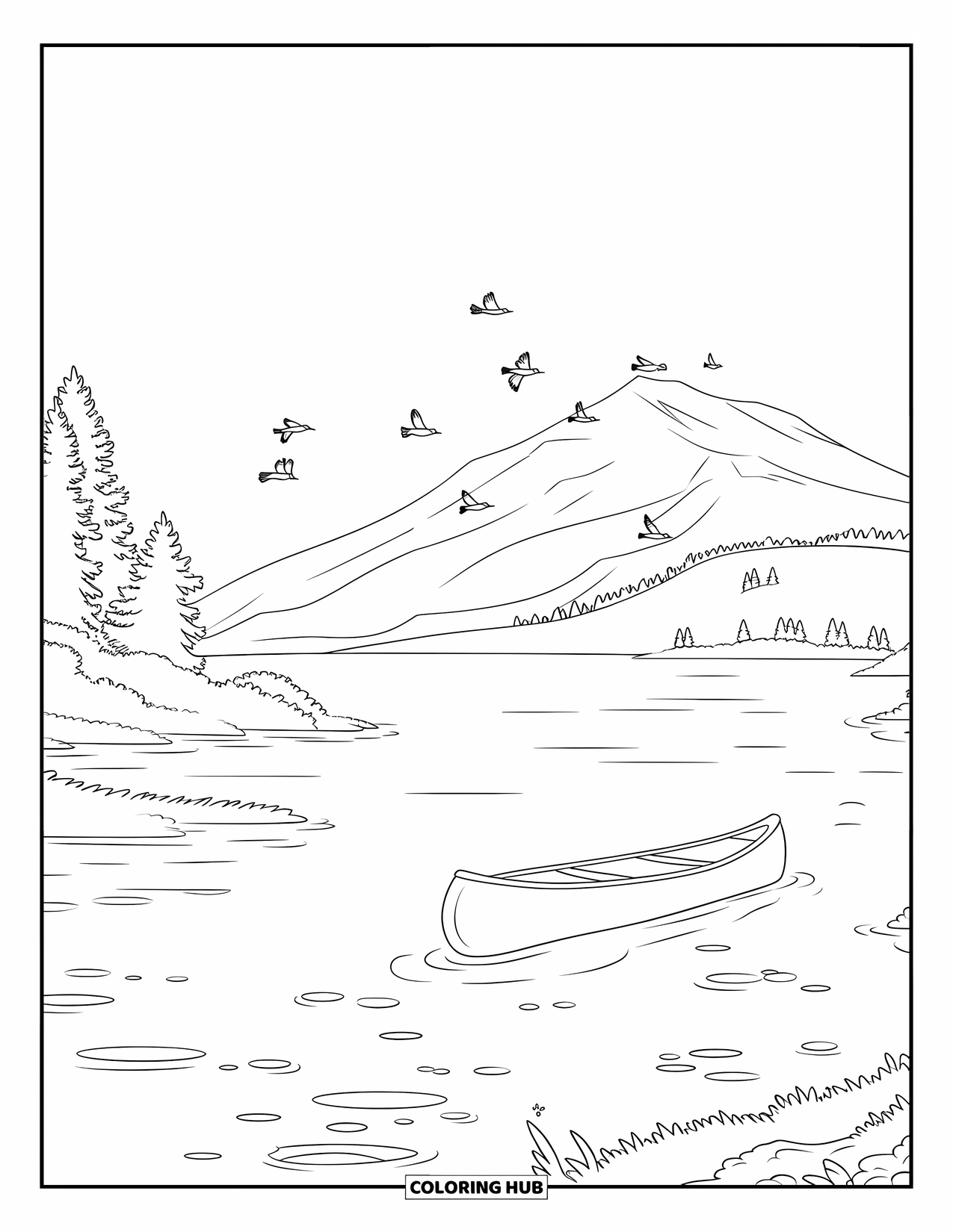 Kleurplaat Meer voor Kinderen: Een vredig meer met een kano en vogels in de buurt van een berg