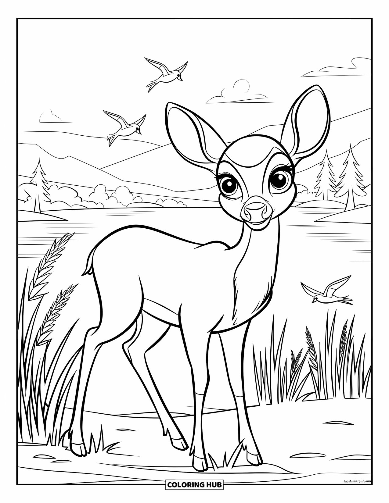 Kleurplaat Meer voor Kinderen: Een vredig meer met een hert, hoog gras en een paar vogels